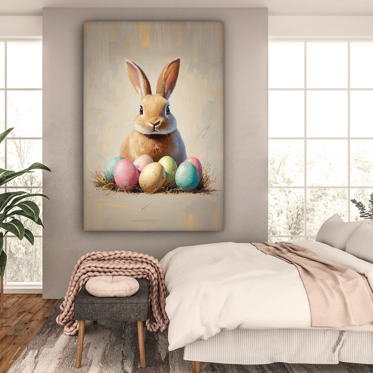 SLIKA NA PLATNU Velikonočni zajček 90x140 cm - bež, tekstil (90/140cm) - MuchoWow
