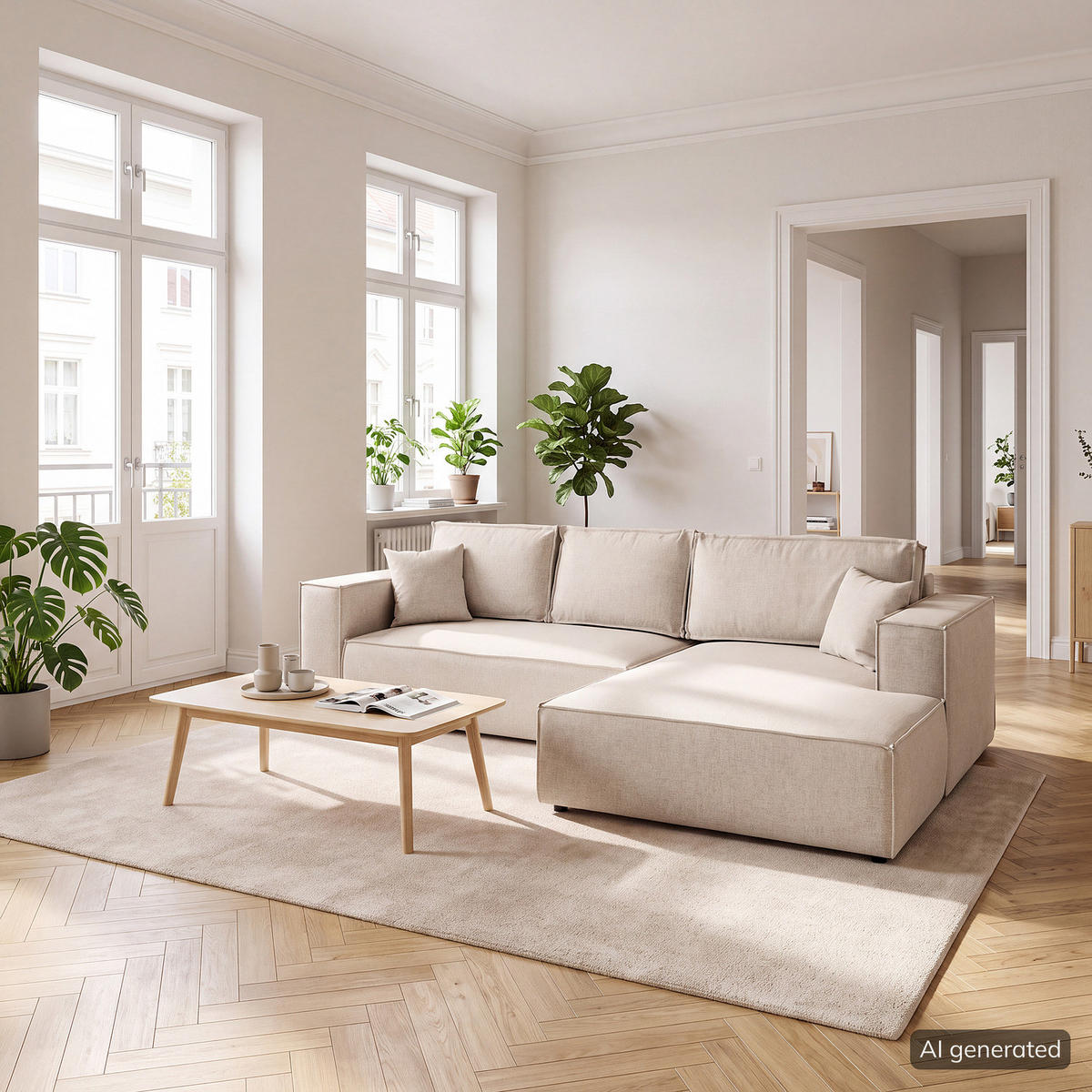 ECKSOFA mit Schlaffunktion - Longchair - Beige/Schwarz, Kunststoff/Textil (294/185cm) - home24