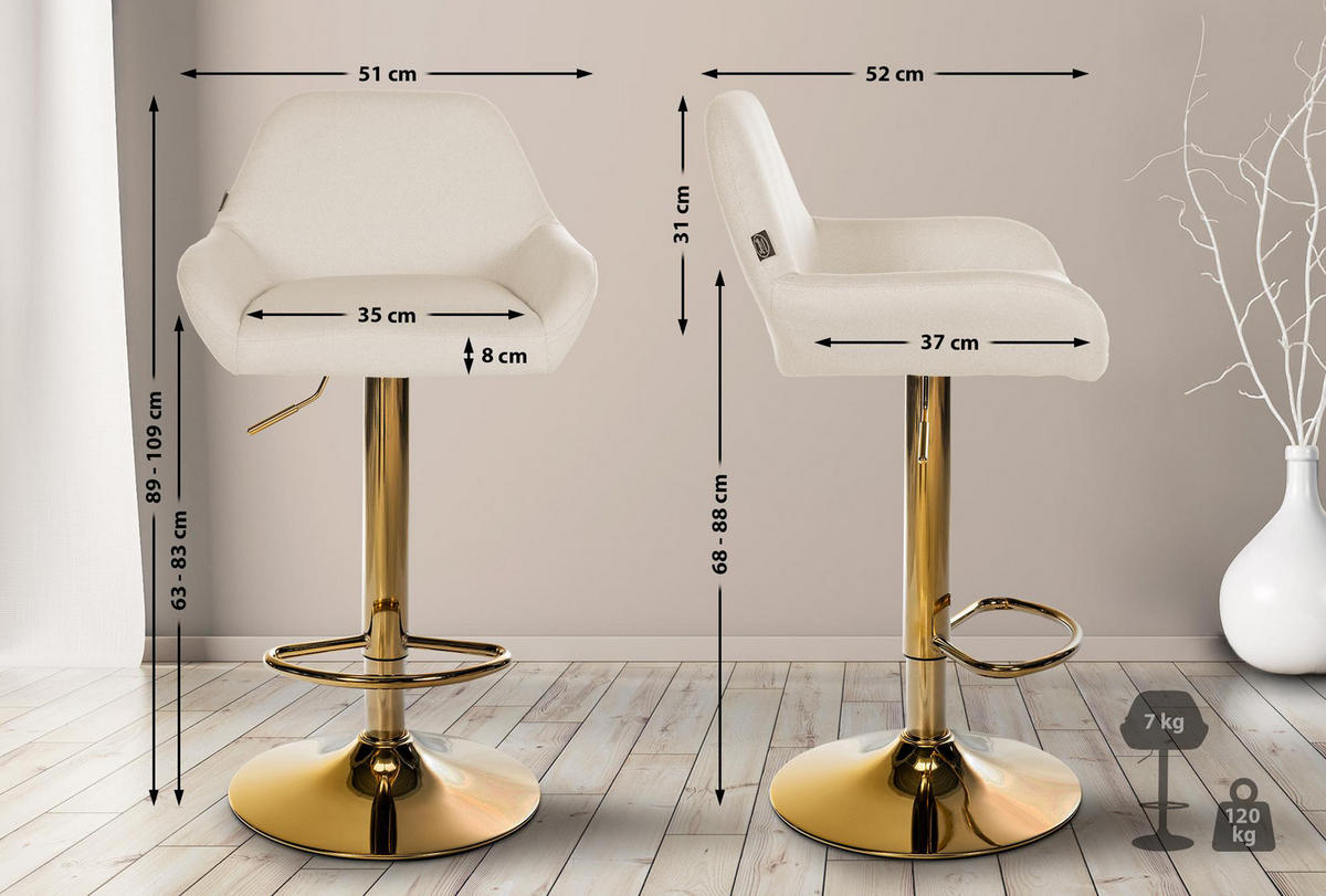 BARHOCKER 2er Set Prag Gold Stoff creme - Goldfarben/Creme, Textil/Metall (51/109/52cm) - TPFLiving