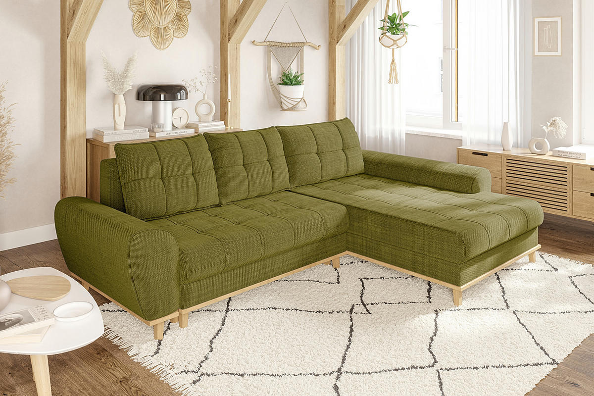 ECKSOFA im Scandi-Stil, Schlaffunktion, Bettkasten B268/T175/H86 cm, Ottomane rechts, Liegefl. 128x209 cm, Bouclé Chenille Stoff in Grün / 21015 - Eichefarben/Grün, Holz/Textil (268/175cm) - luma-home