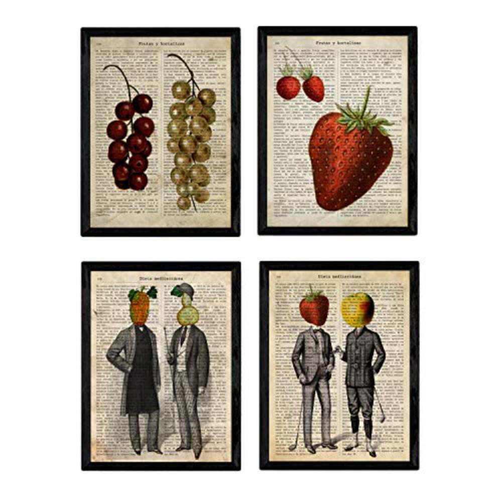 POSTER Set mit 4 Blättern Obst und Gemüse Modell 3 A4 Schwarzer Rahmen - Schwarz, Papier (29.7/3cm) - Nacnic