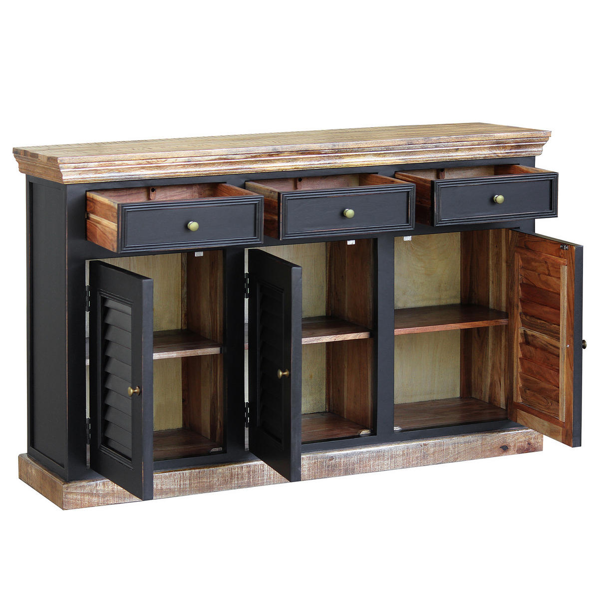 SIDEBOARD - Mango massiv, mit 3 türen - Schwarz, Holz (140/90/40cm) - home24