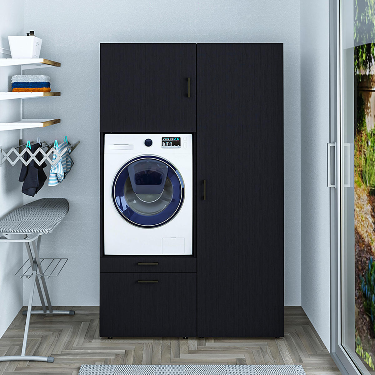 WASCHMASCHINENSCHRANK Serie 2 127cm Breit, 205cm Hoch - Schwarz, Holzwerkstoff (127/205/67cm)