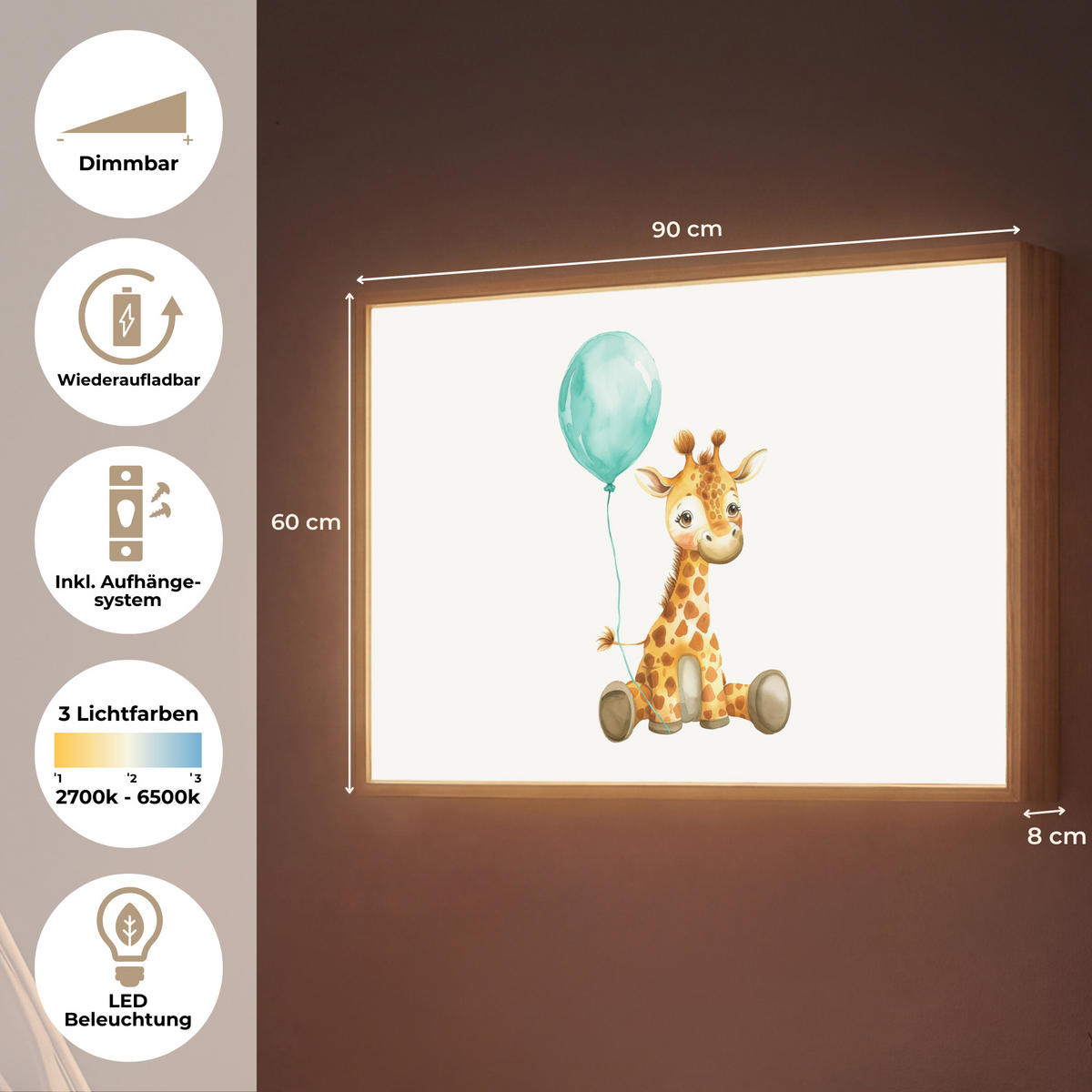 NACHTTISCHLAMPE MIT AKKU Giraffe - Baby - Tiere - Blauer Ballon 90x60 cm - Weiß, Holzwerkstoff (8/90/60cm) - OnlyWow