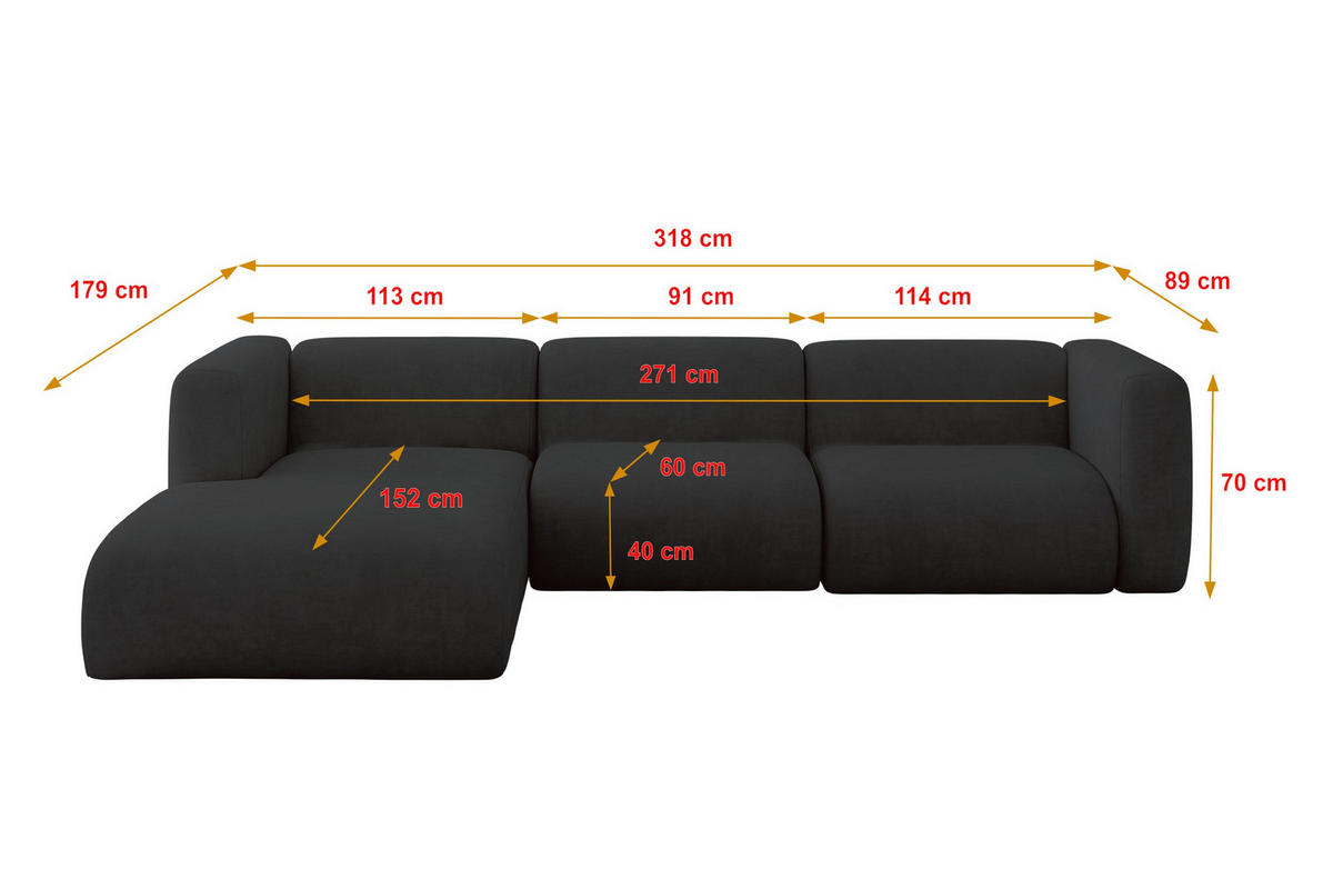 ECKSOFA Ottomane Links MIRA-L2 318x179x89 Schwarz Velours - Anthrazit/Schwarz, Holzwerkstoff/Kunststoff (318/179cm) - ALTDECOR