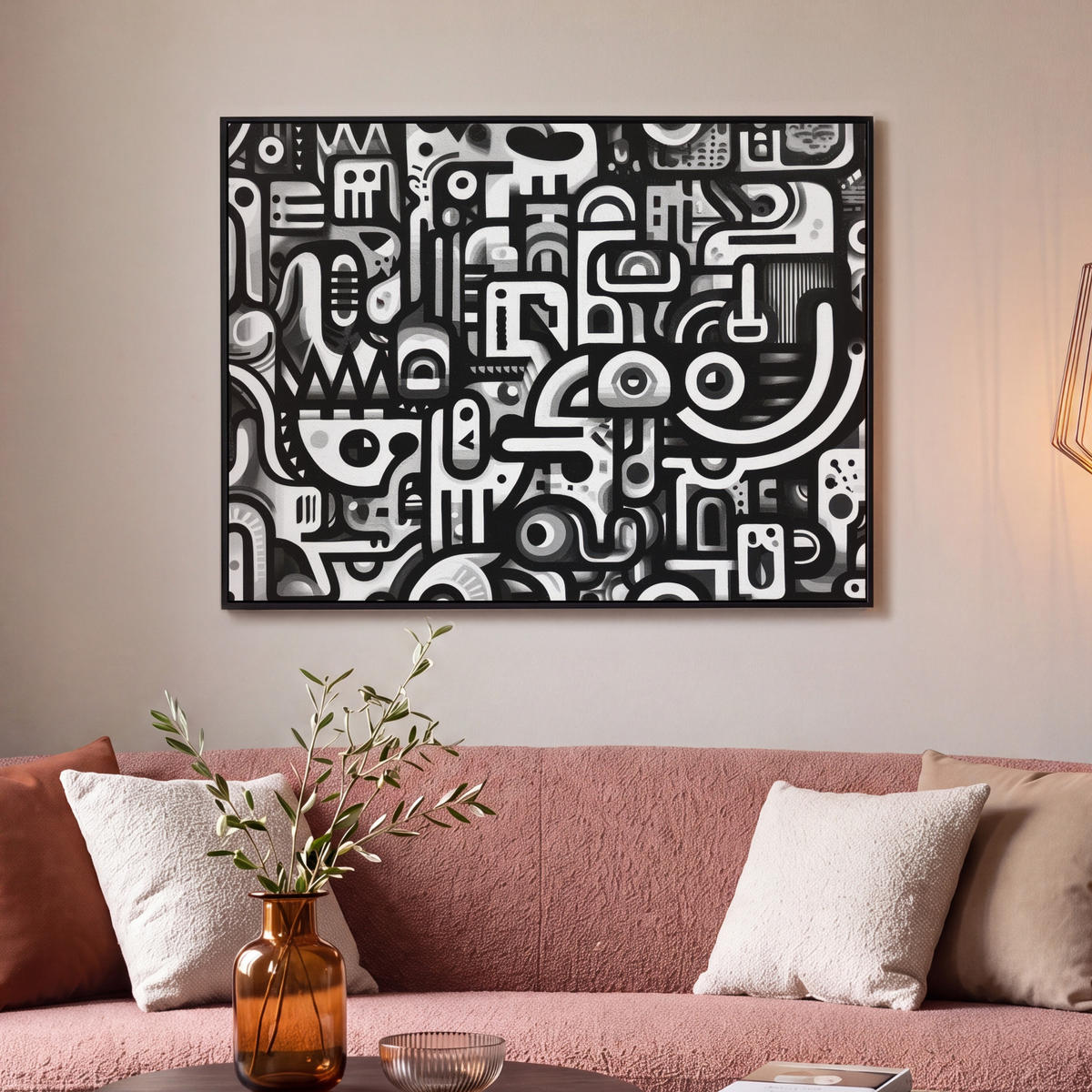 LEINWAND Bilder mit Rahmen - Symbole - Abstrakt - Grafik - Schwarz - 100x70 - Schwarz, Textil (100/70cm) - MuchoWow