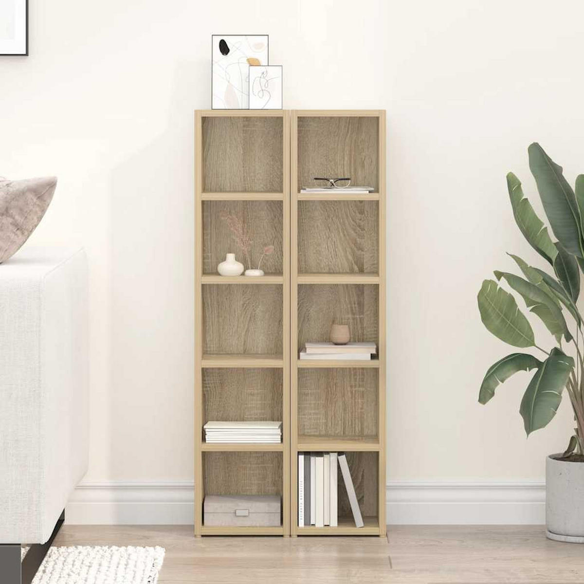 CD-REGALE mit 5 Ebenen 21/16/93, 5 cm, aus Holzwerkstoff, in Sonoma-Eiche, 2-teilig - Braun, Holz (16/93.5/21cm) - vidaXL