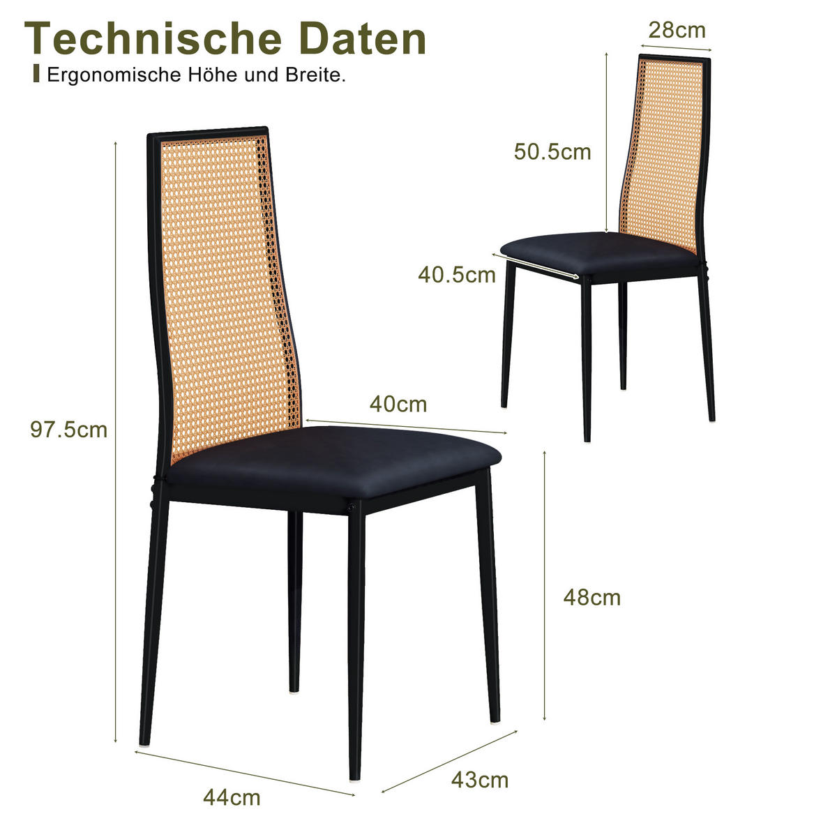 KÜCHENSTÜHLE 2er-Set mit Rattanlehne, Kunstleder & schwarzen Beinen - Schwarz, Holz (44/97.5/40cm)