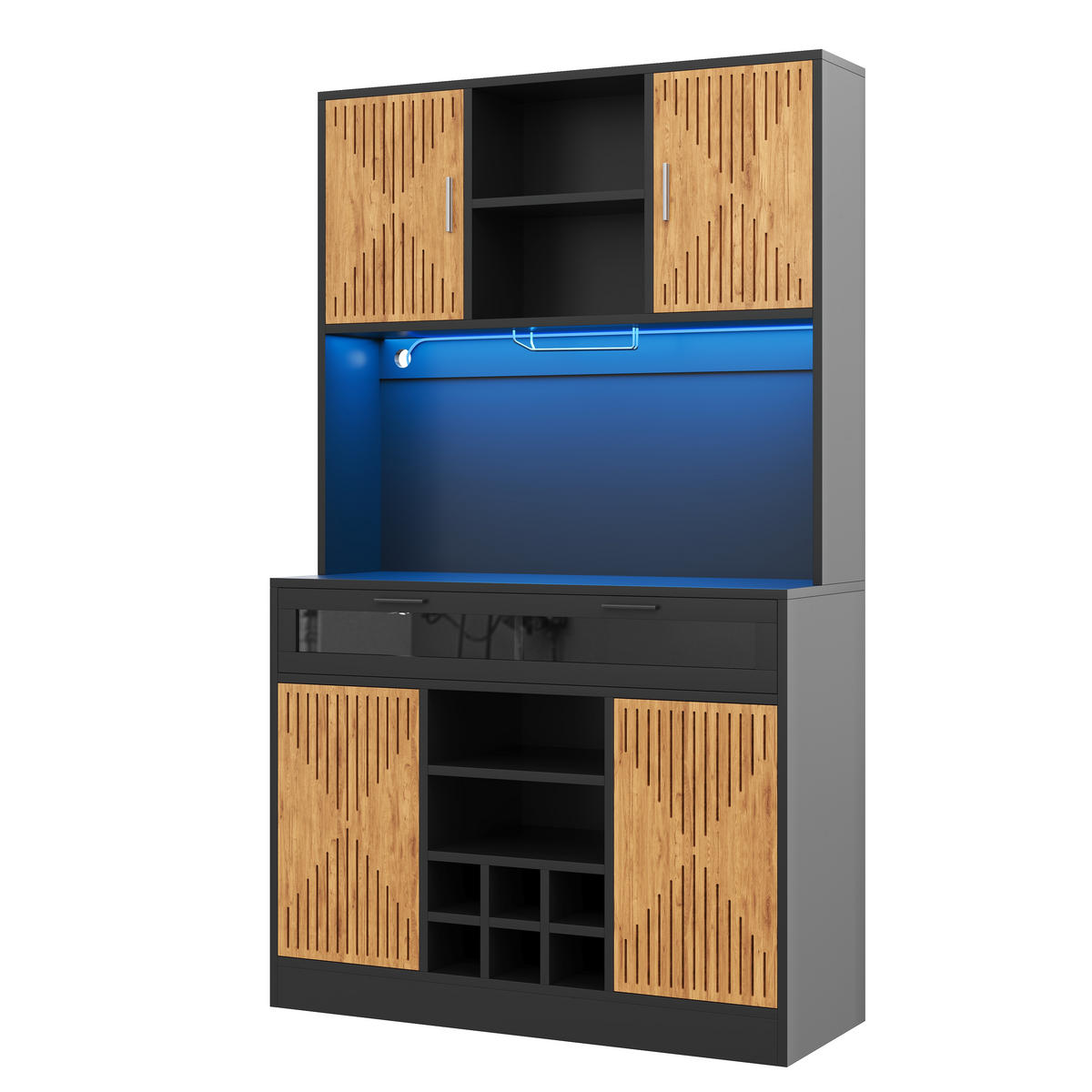 KÜCHENSCHRANK Vorratsschrank mit RGB-LED Steckdosen Glas-Klapptür & Weinregal 180cm - Naturfarben, Holzwerkstoff (105/180/40cm) - Urban Meuble