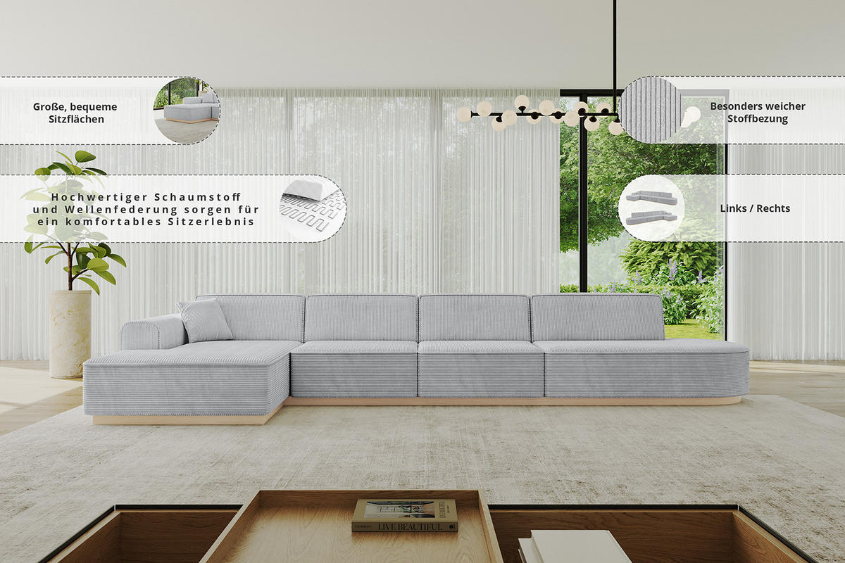 ECKSOFA Ottomane Links IREA-L3 - 413x171x83 cm Hellbraun - Hellbraun, Holzwerkstoff/Textil (413/171cm) - ALTDECOR