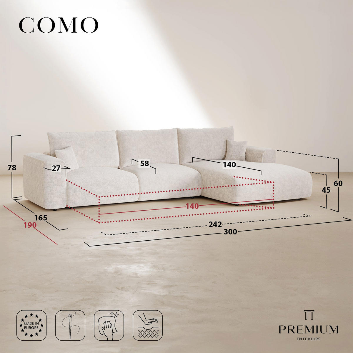 ECKSOFA rechtwinklig COMO Bouclé-Stoff Hellgrau 300cm - Hellgrau/Grau, Textil (300/165cm) - Premium Interiors