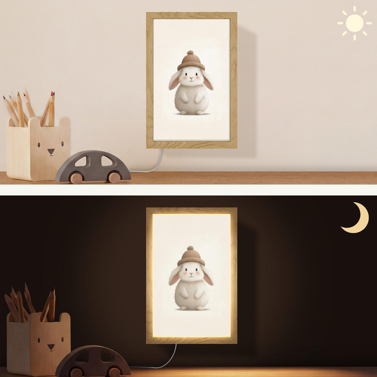 NÁSTĚNNÁ LAMPA Králík - Klobouk - Uši - béžový 20x30 cm - krémová, kompozitní dřevo (20/30/8cm) - OnlyWow