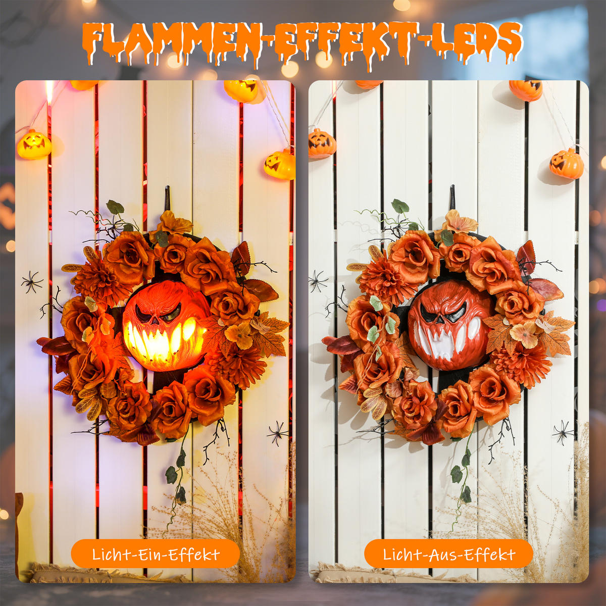 HALLOWEEN Dekoration Hängender Kürbis-Kranz mit 44 LEDs mit Flammeneffekt - Orange, Textil (9/44/44cm) - Outsunny