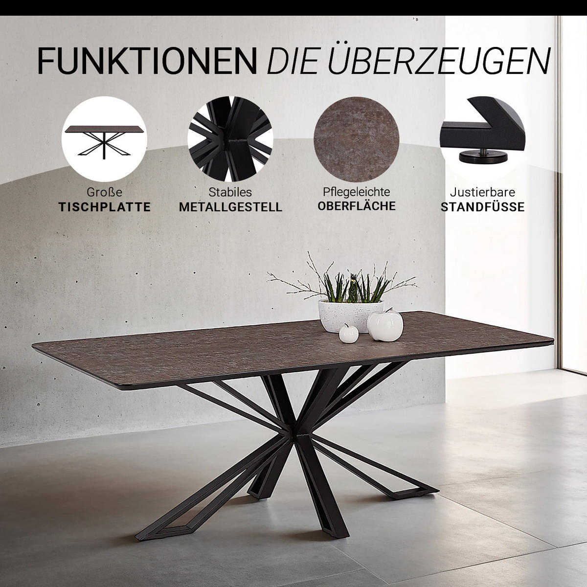 TISCHGRUPPE 200x100 cm schwarz mit 4 Stühle Braun - Braun, Metall (100/90/200cm) - Homestyle4u