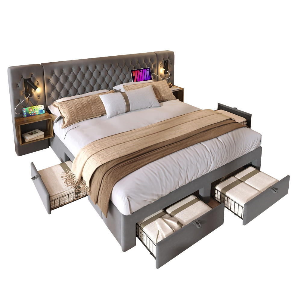 POLSTERBETT 3-teiliges Komplett Set MIT 4 SCHUBLADEN UND LADEFUNKTION Samt Grau Schlafzimmer 266,5/105/209 cm - Grau, Textil (160/200cm) - Rolipo
