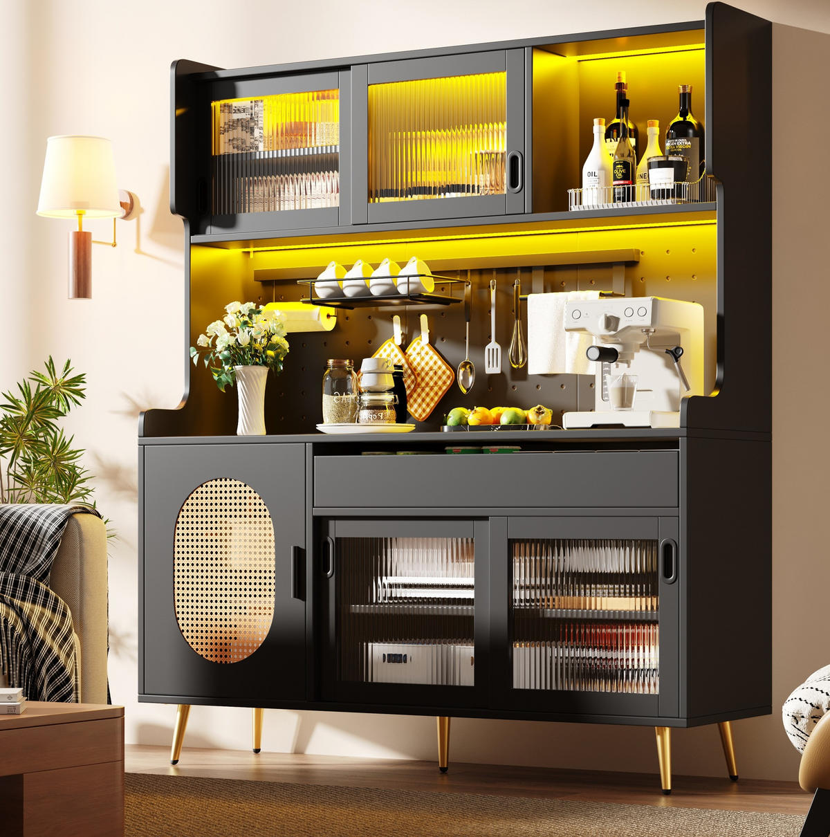BUFFETSCHRANK 145/39/171 cm mit LED-Lichtleiste, Lochplatte und viel Stauraum aus MDF, Schwarz - Schwarz, Holzwerkstoff (145/171/39cm) - Redom