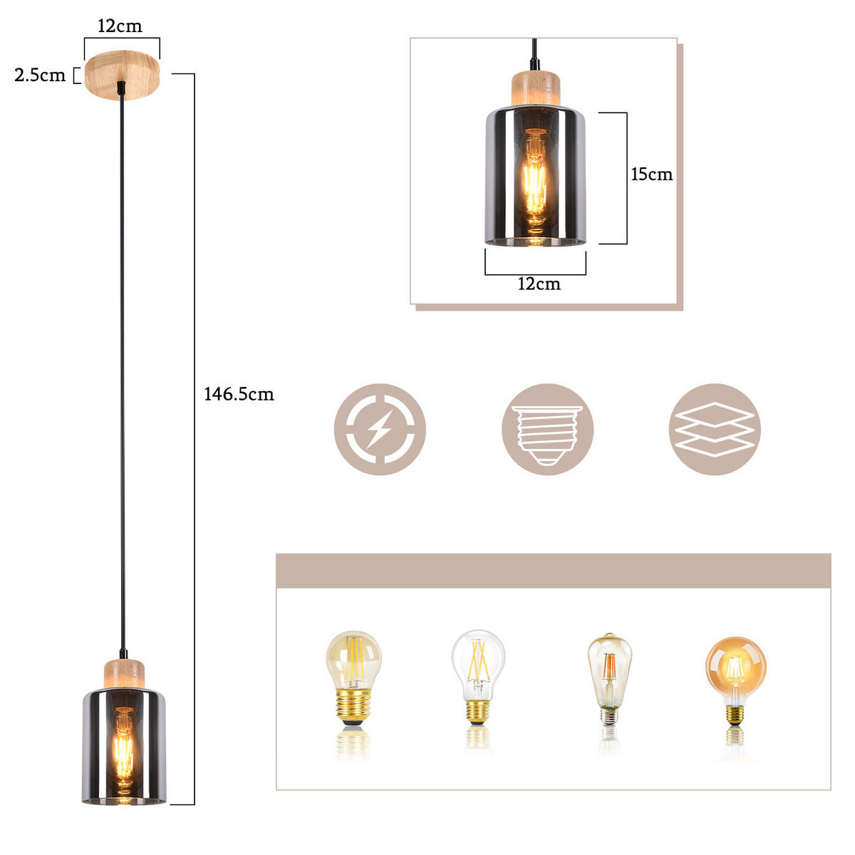 HÄNGELEUCHTE Korbf 12/12/146.5 cm - Anthrazit, Metall (146.5/12/12cm) - ZMH