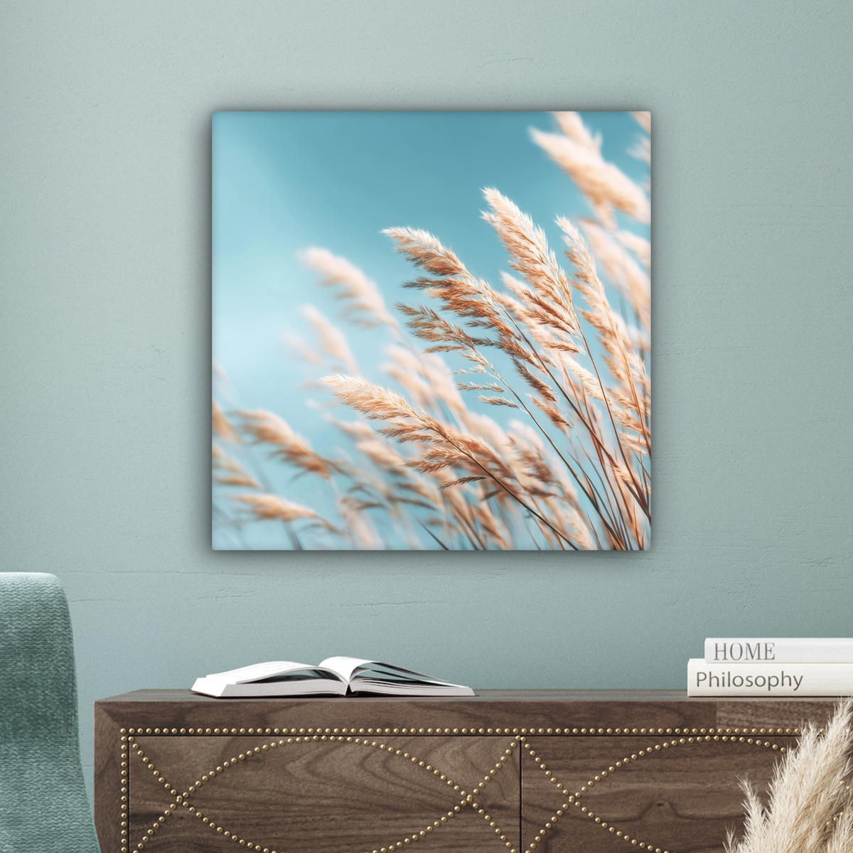LEINWANDBILD Ziergras - Wind - Hellbraun Wandbild Wohnzimmer 50x50 cm - Hellblau, Textil (50/50cm) - MuchoWow