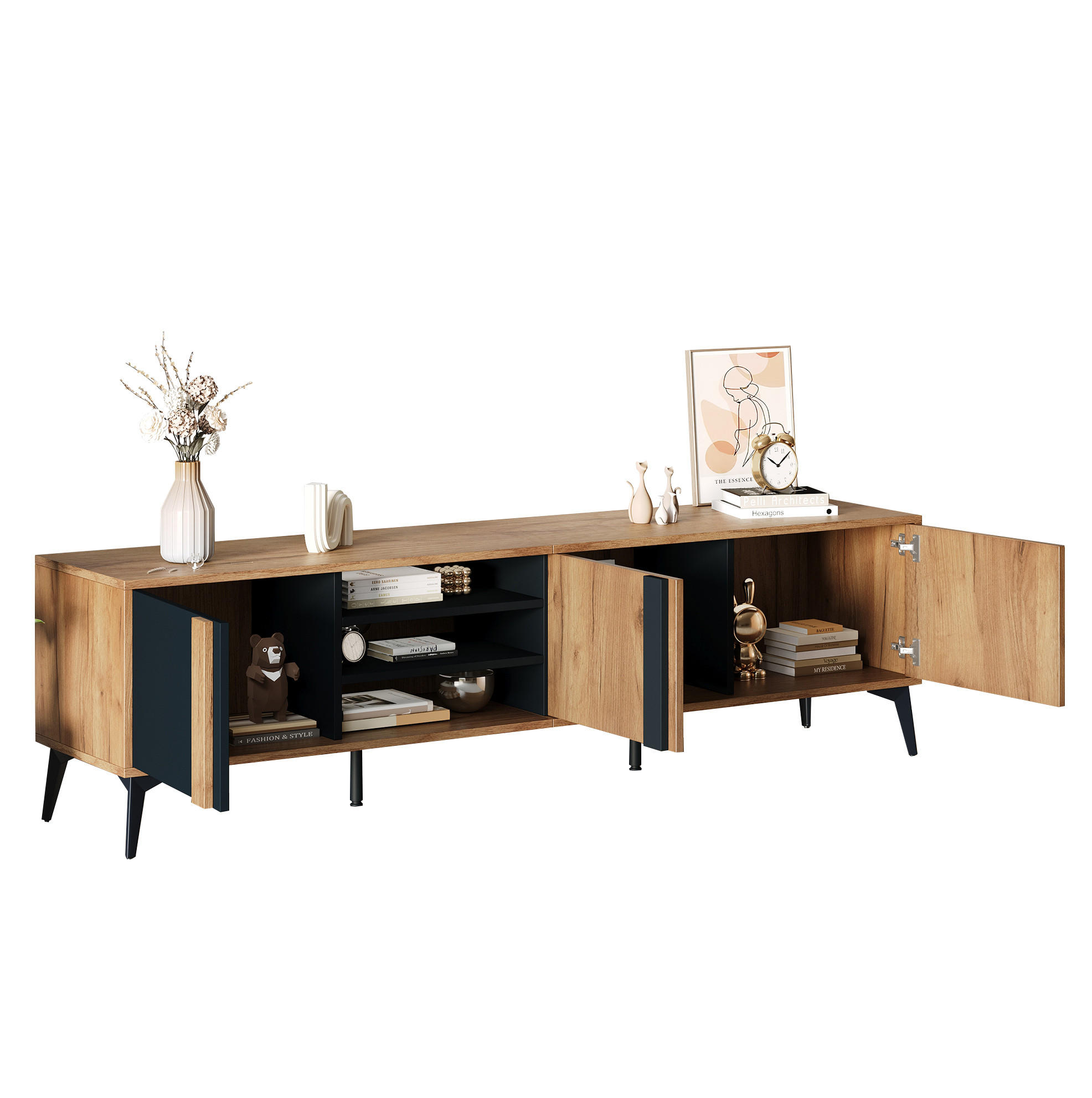 TV-LOWBOARD aus Spanplatte und Eisen 180x40x50 cm Schwarz/Braun mit 3 Türen und 4 offenen Fächern - Schwarz, Holzwerkstoff (180/50/40cm) - IVMEU