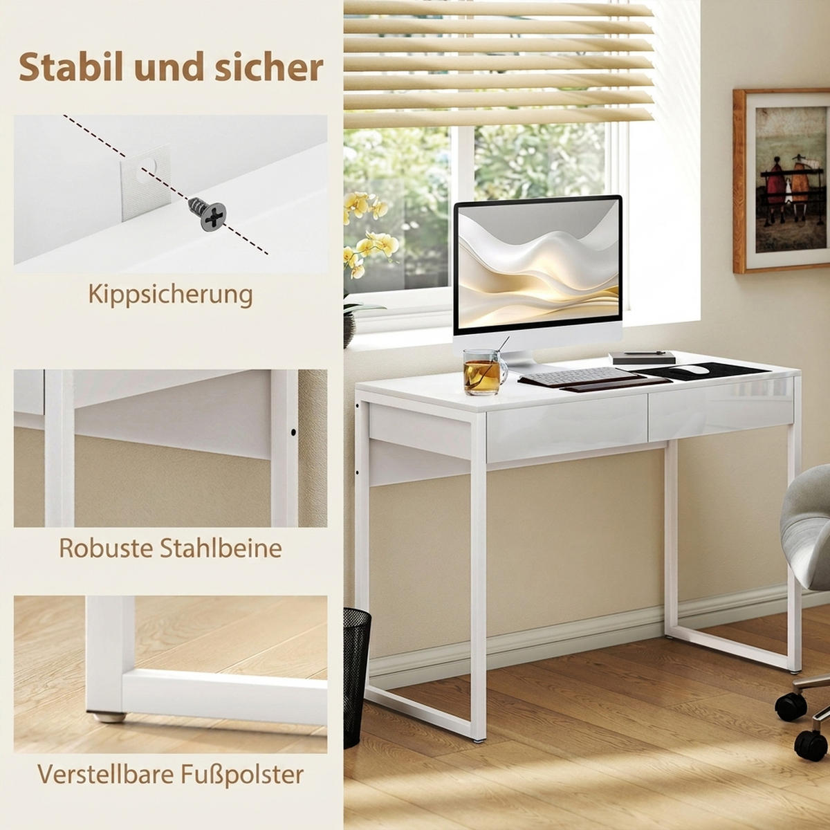SCHREIBTISCH Stahl Holz Weiß - Weiß, Holzwerkstoff/Kunststoff (100/50/75cm) - HOMCOM