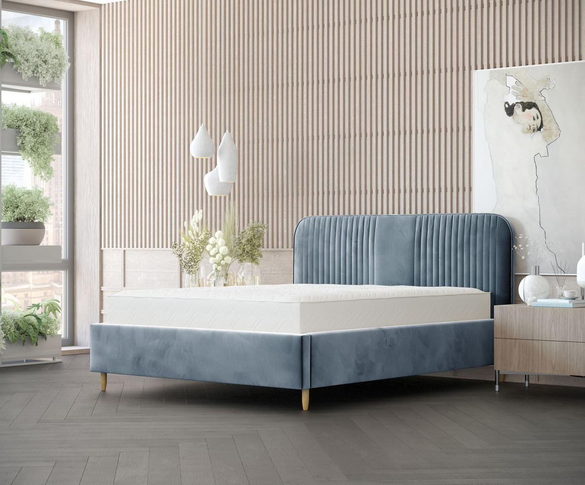 POLSTERBETT Livy Blau Grau 120/200 cm im Samtstoff - Blaugrau/Naturfarben, Holz/Holzwerkstoff (120/200cm) - Maison de Reve