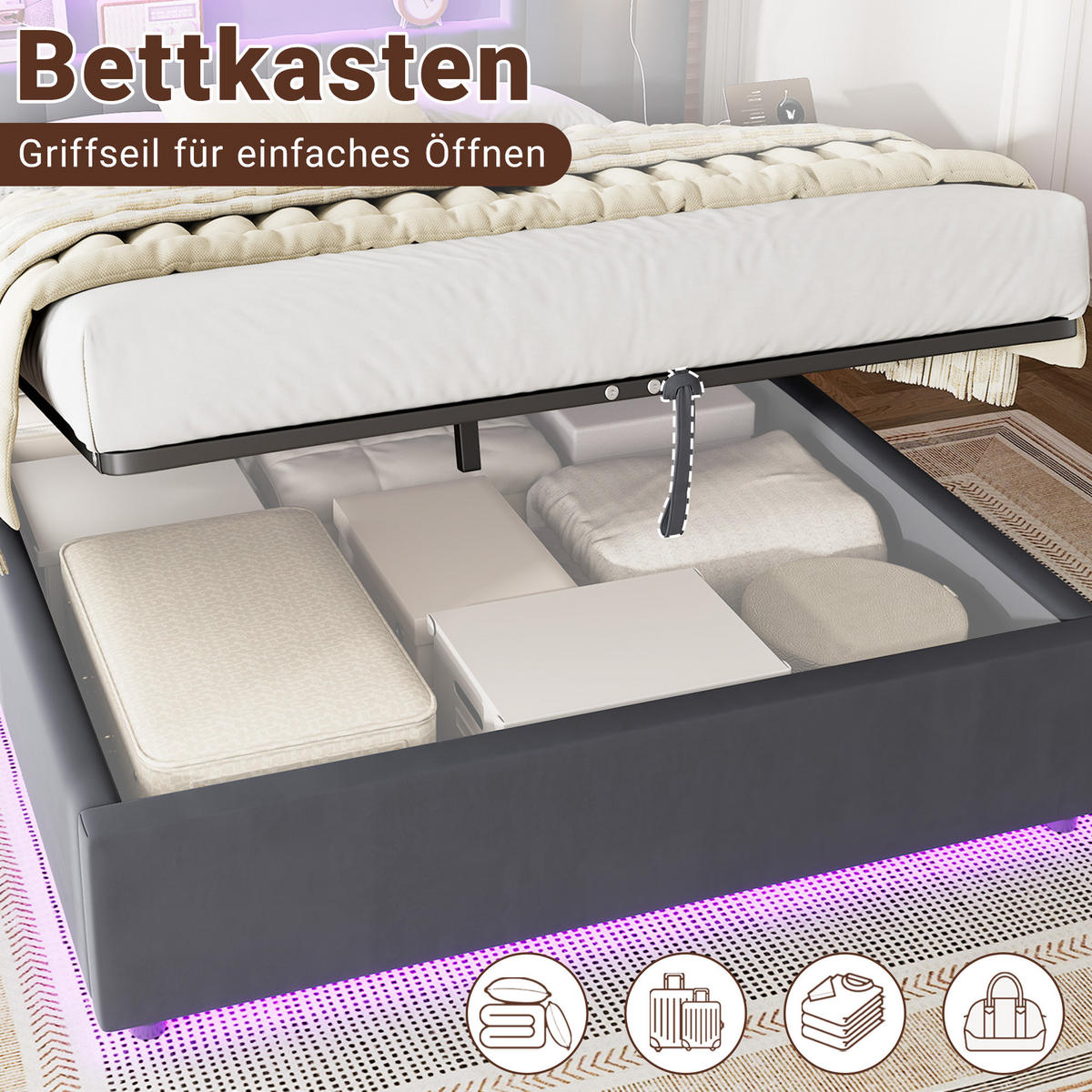 POLSTERBETT 200/193/110 cm aus Samt mit hydraulischem Stauraum, LED & USB‑Anschlüssen, Dunkelgrau - Dunkelgrau, Textil (140/200cm) - OKMYHOME