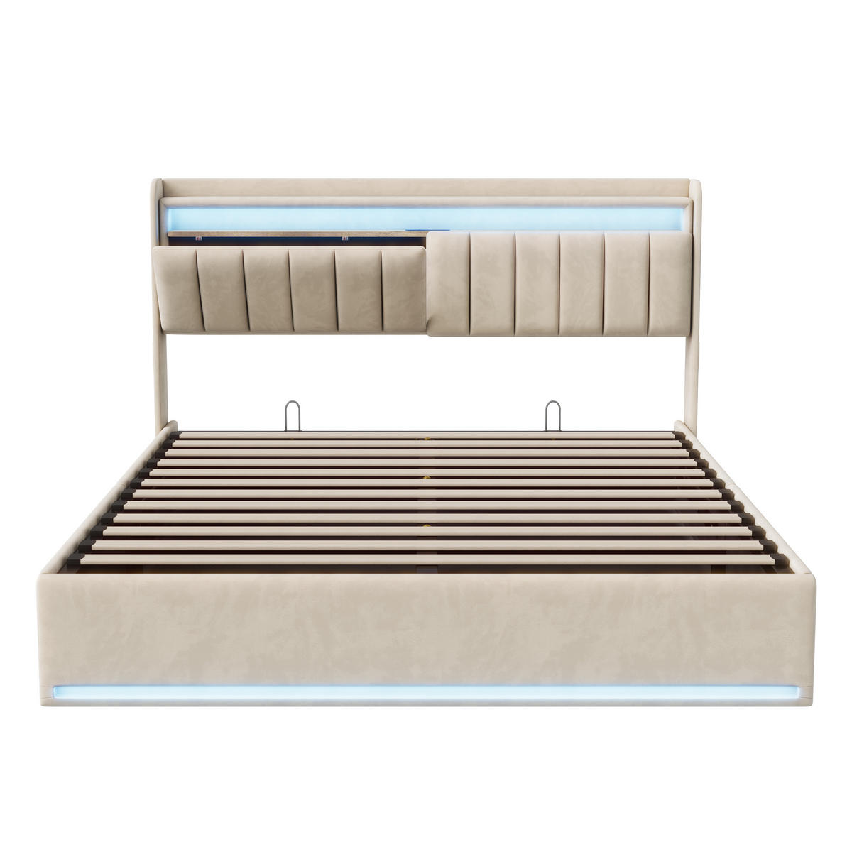 POLSTERBETT 140x190 cm Beige mit LED, USB- und USB-C, Stauraum & Bettkasten - Beige, Holz (140/190cm)