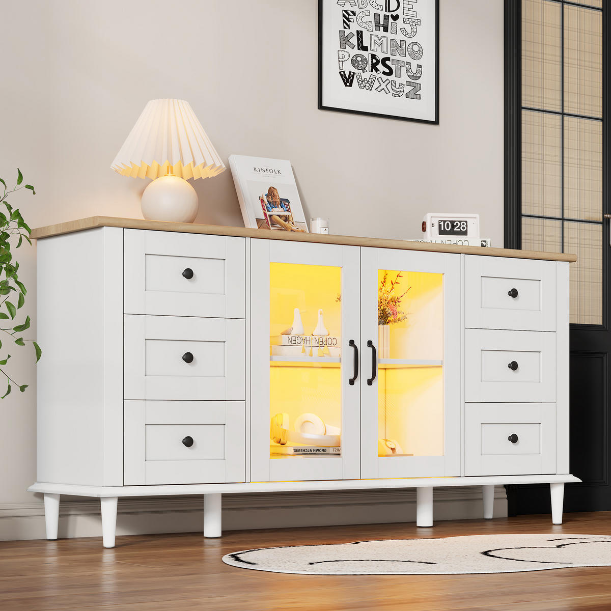 SIDEBOARD in Weiß|Naturfarben Anrichte mit 2 Acryl Türen, 6 Schubladen, LED, Wohn-/Esszimmer, B150/T40/H75cm - Weiß, Holzwerkstoff (150/75/40cm) - STILVORA