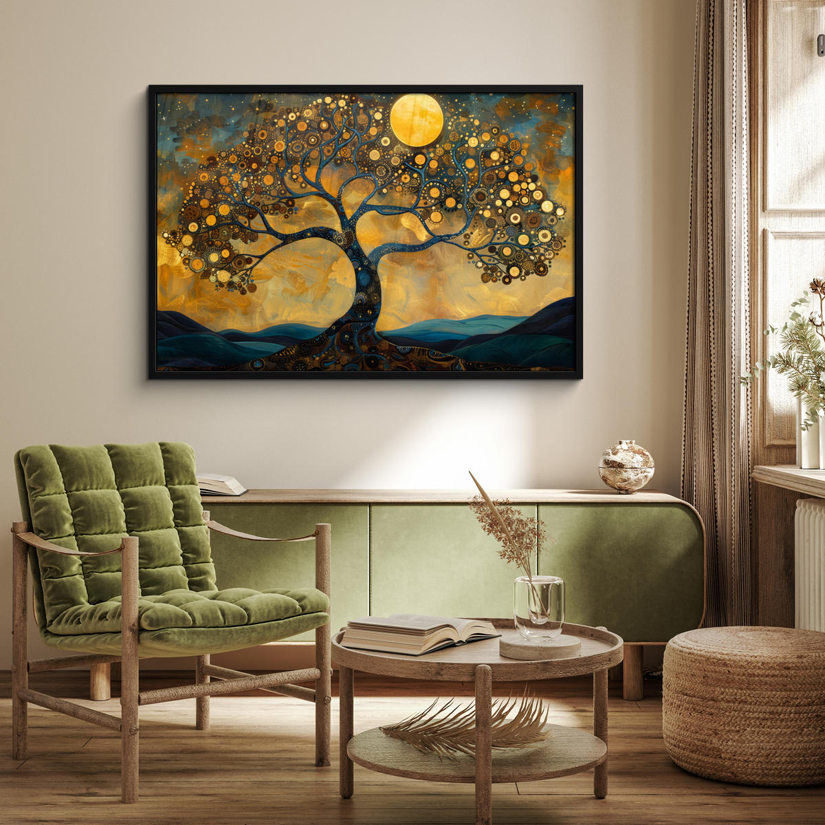 POSTER MIT RAHMENGERAHMTES BILD Baum - Mond - Blumen - Gold - Kunst 120x80 cm - Orange, Papier (120/80cm) - MuchoWow