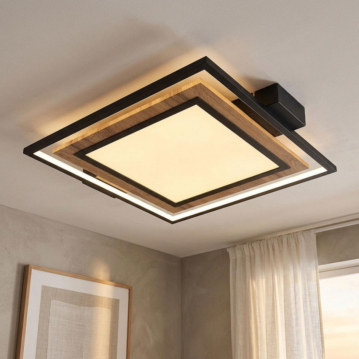 LED DECKENLEUCHTE Metall Schwarz Matt Holzoptik - Schwarz, Metall (50/45/6cm) - Globo Lighting