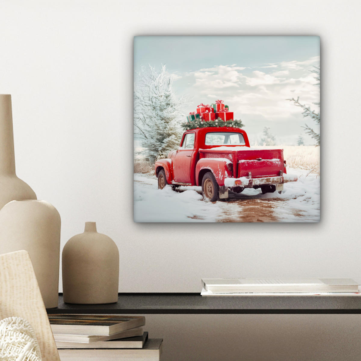 LEINWANDBILD Auto - Rot - Geschenke - Winter - Schnee - Weihnachten Deko Wohnzimmer 20x20 cm - Rot, Textil (20/20cm) - MuchoWow