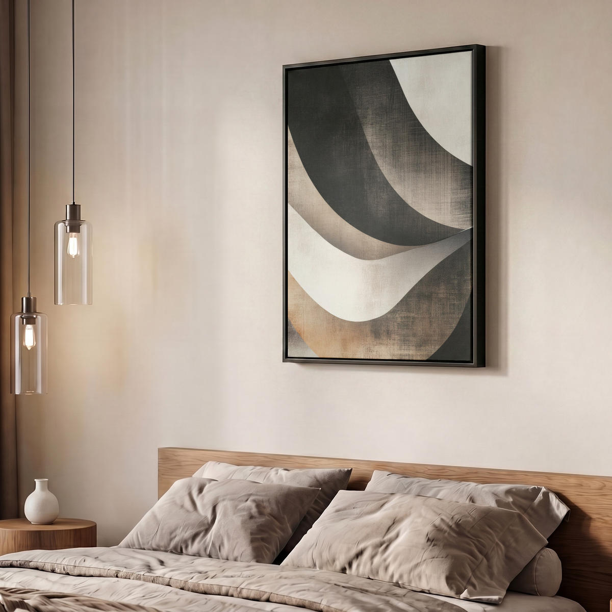 LEINWAND Bilder mit Rahmen - Abstrakt - Wellen - Schwarz - Verwittert - 60x80 - Trüffeleichefarben, Textil (60/80cm) - MuchoWow
