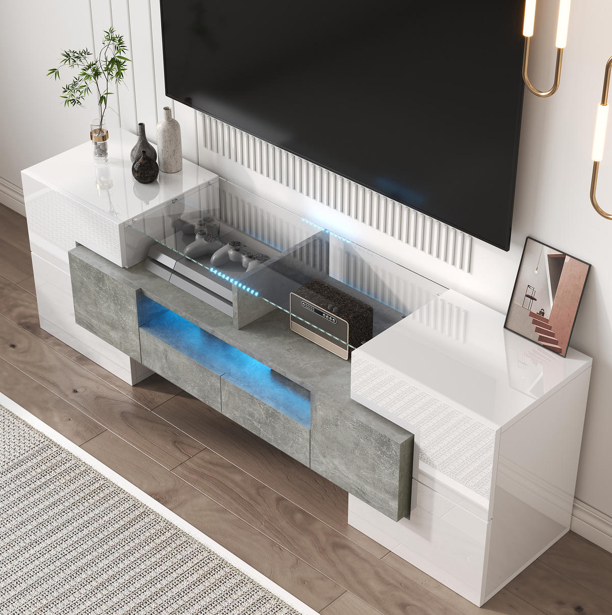 TV-SCHRANK in Hochglanz Weiß/Beton mit LED, 6 Türen und 2 Schubladen 145/30/51 cm - Weiß, Holzwerkstoff (145/51/30cm) - Redom