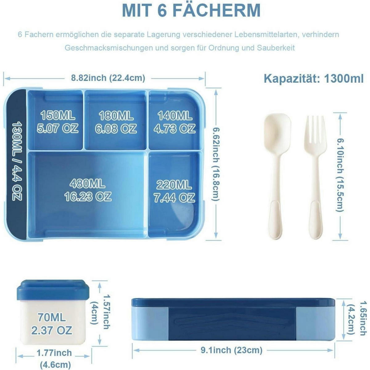 BROTDOSE Kinder 6 Fächer 1300ml Blau - Blau, Kunststoff (168/40/224cm)