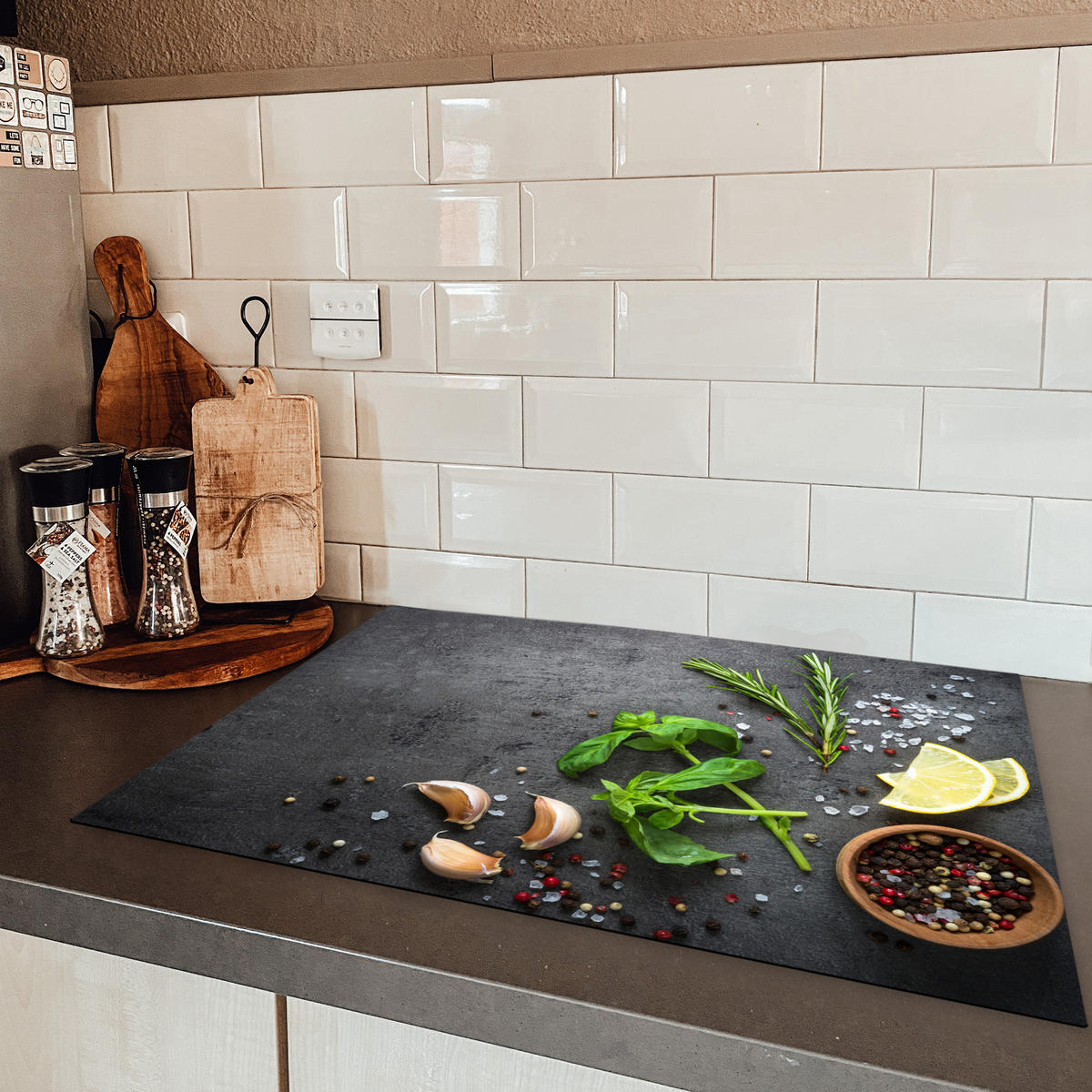 HERDABDECKPLATTE Limette - Kräuter - Gewürze - Grün - Grau - Beton 75x52 cm - Grün, Kunststoff (75/0.2/52cm) - MuchoWow