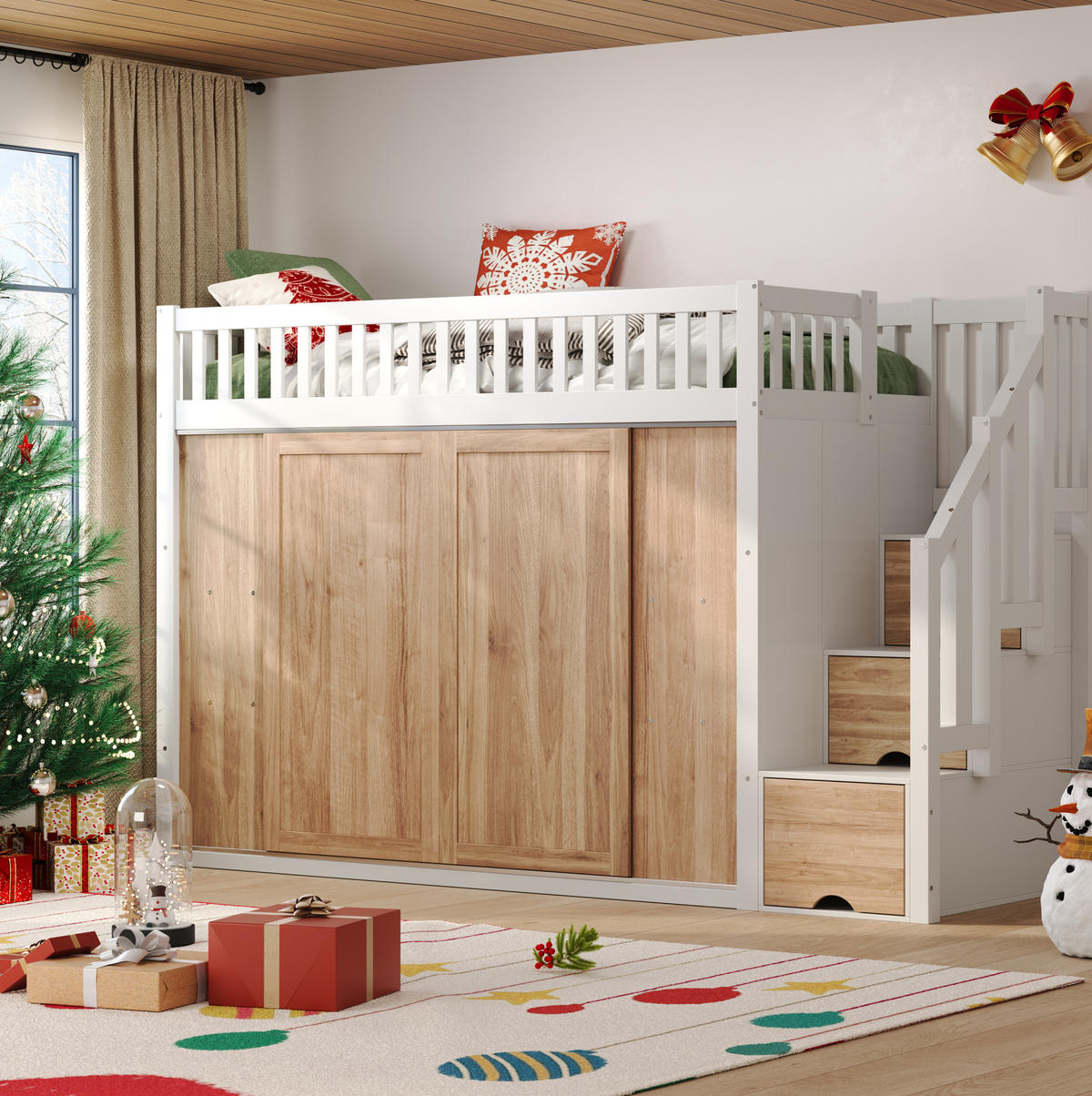 HOCHBETT 90/200 cm mit Kleiderschrank, Treppenschrank und App-gesteuerter LED-Lichtleiste, Weiß/Eichefarben - Weiß, Holzwerkstoff (90/200cm) - Redom