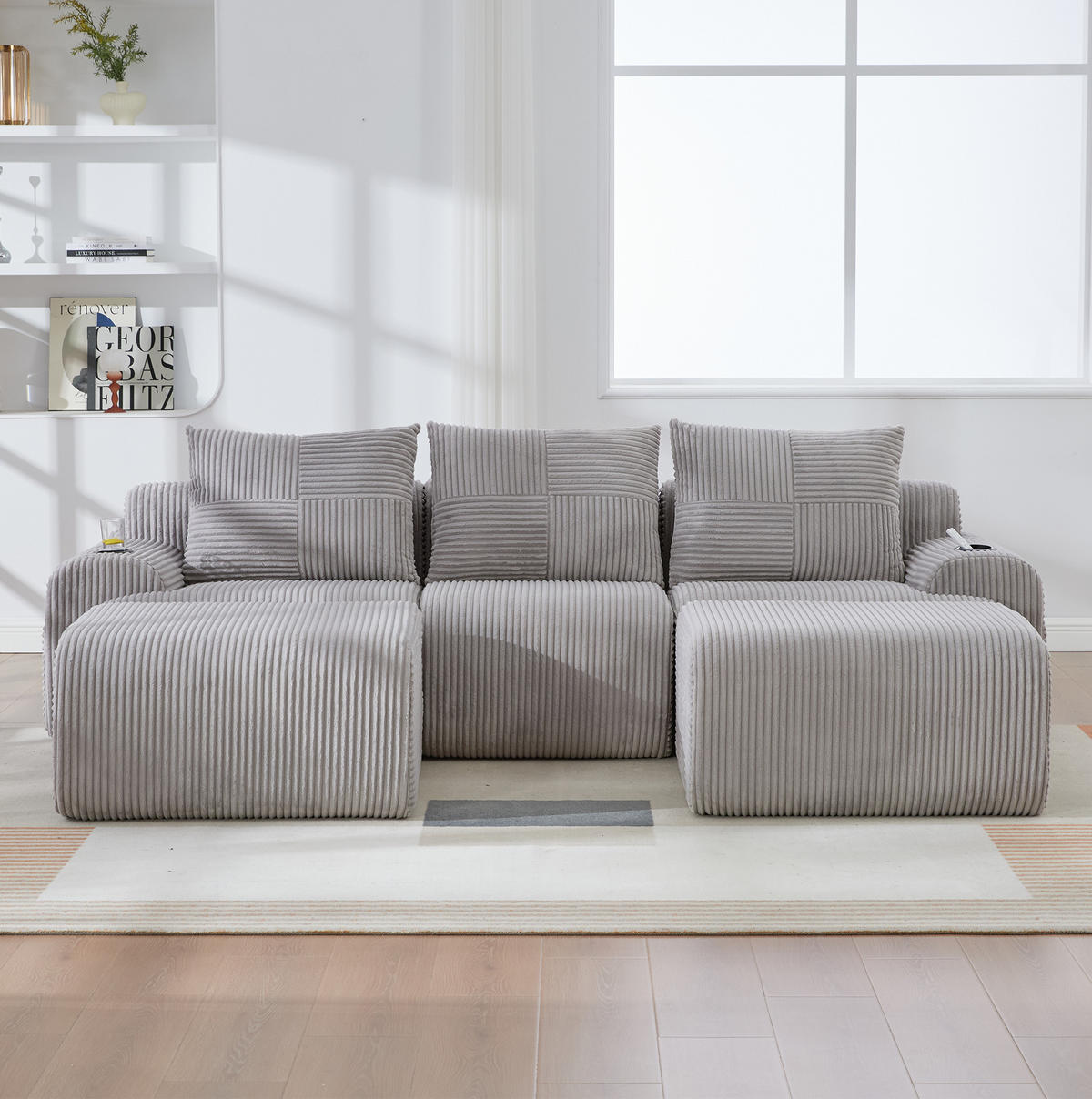 SOFA modular 3-Sitzer Cord Light Gray mit 2 Hockern - Hellgrau, Kunststoff (174/80/268.1cm) - Meubliv