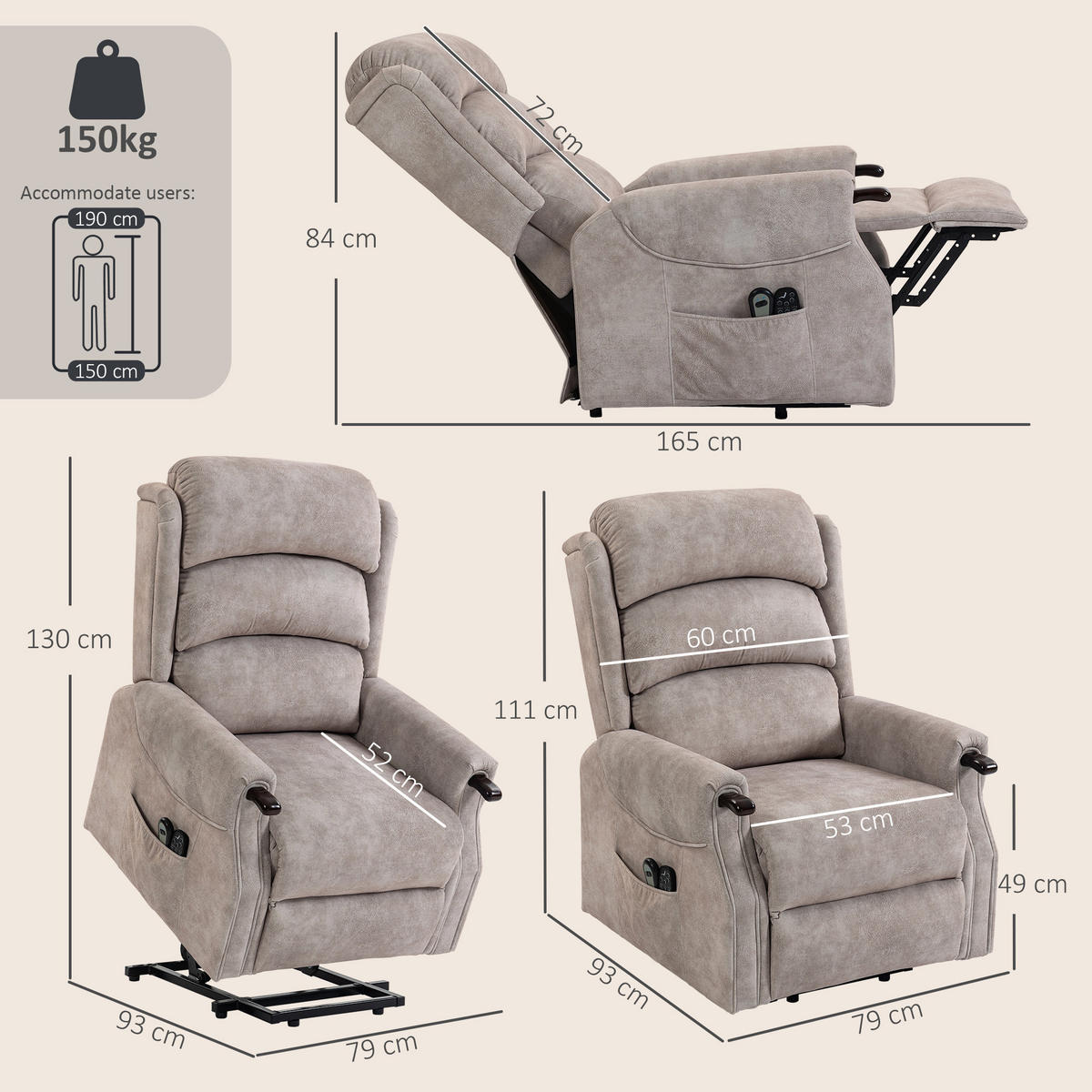FERNSEHSESSEL-MIT-AUFSTEHHILFE Polyester Metall Hellgrau - Hellgrau/Naturfarben, Holz/Textil (79/111/93cm) - HOMCOM