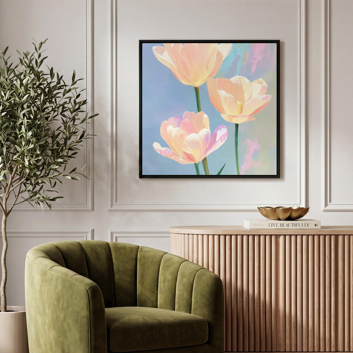 LEINWAND Bilder mit Rahmen - Tulpen - Rosa Akzente - Blau - 50x50 - Pastellblau, Textil (50/50cm) - MuchoWow