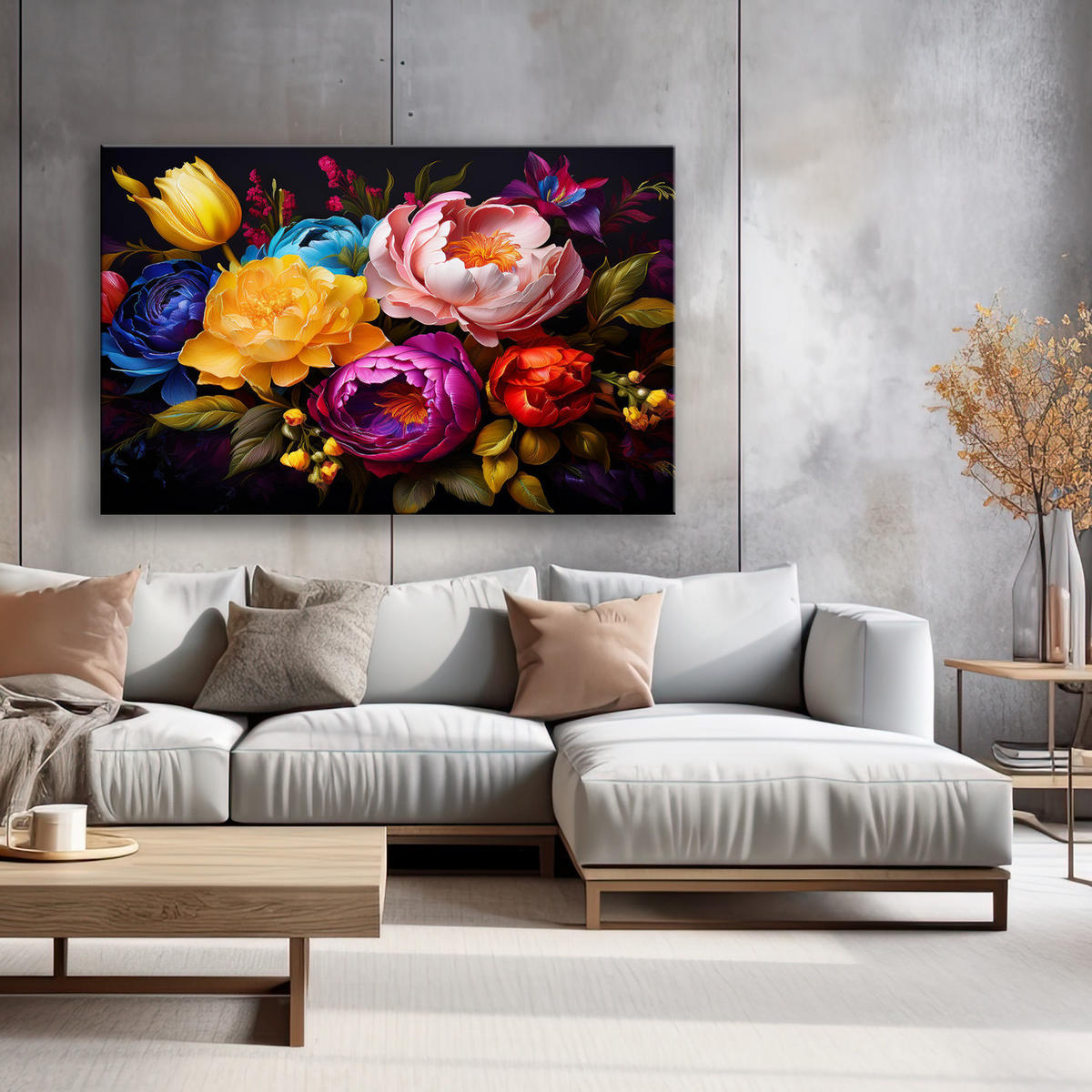 WANDBILD farbige pfingstrosen und tulpen strauß - Multicolor, Textil (60/40cm) - Feeby