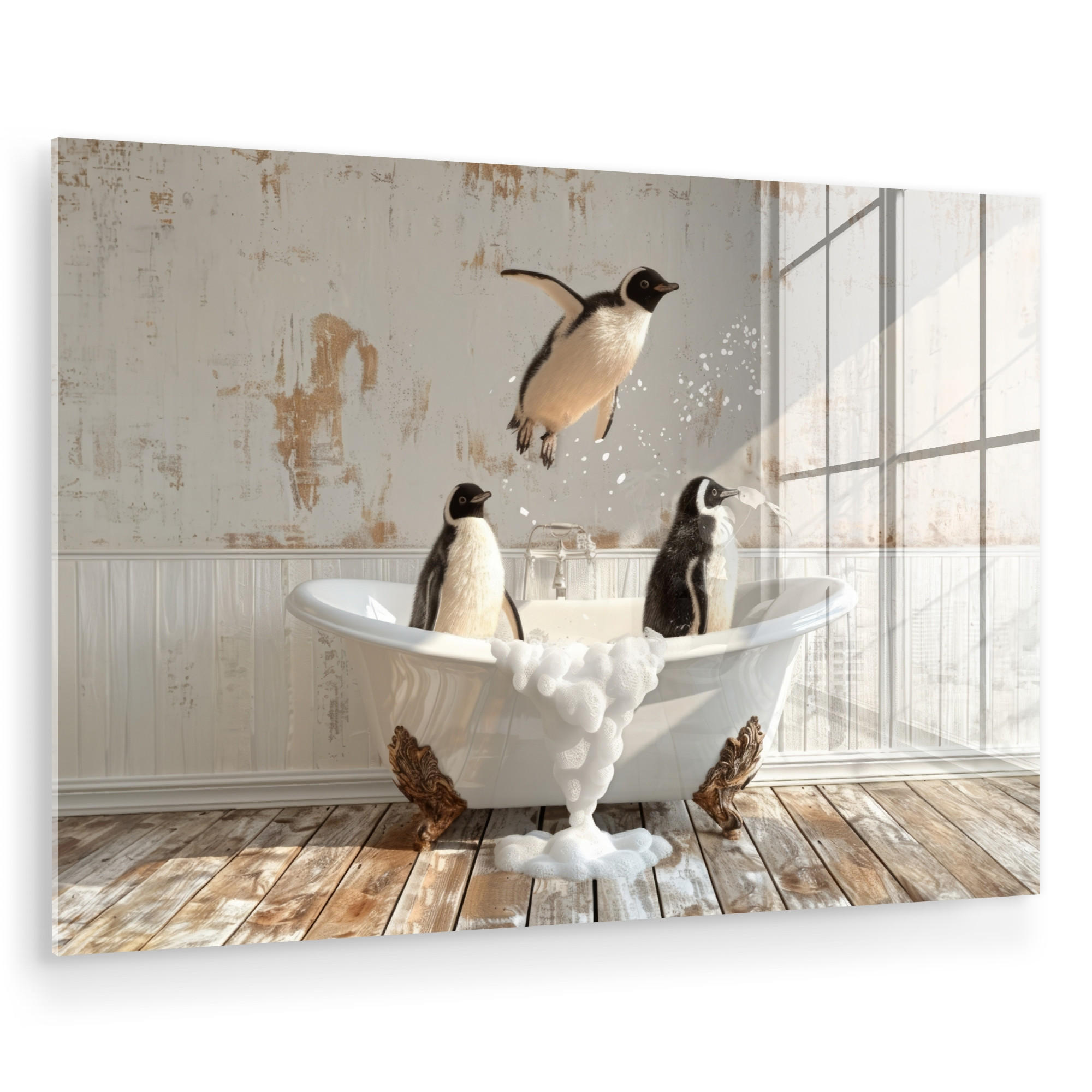 ACRYLGLASBILD Vintage - Pinguin - Badewanne - Schaumstoff 120x80 cm - Schwarz, Glas (120/80cm) - MuchoWow