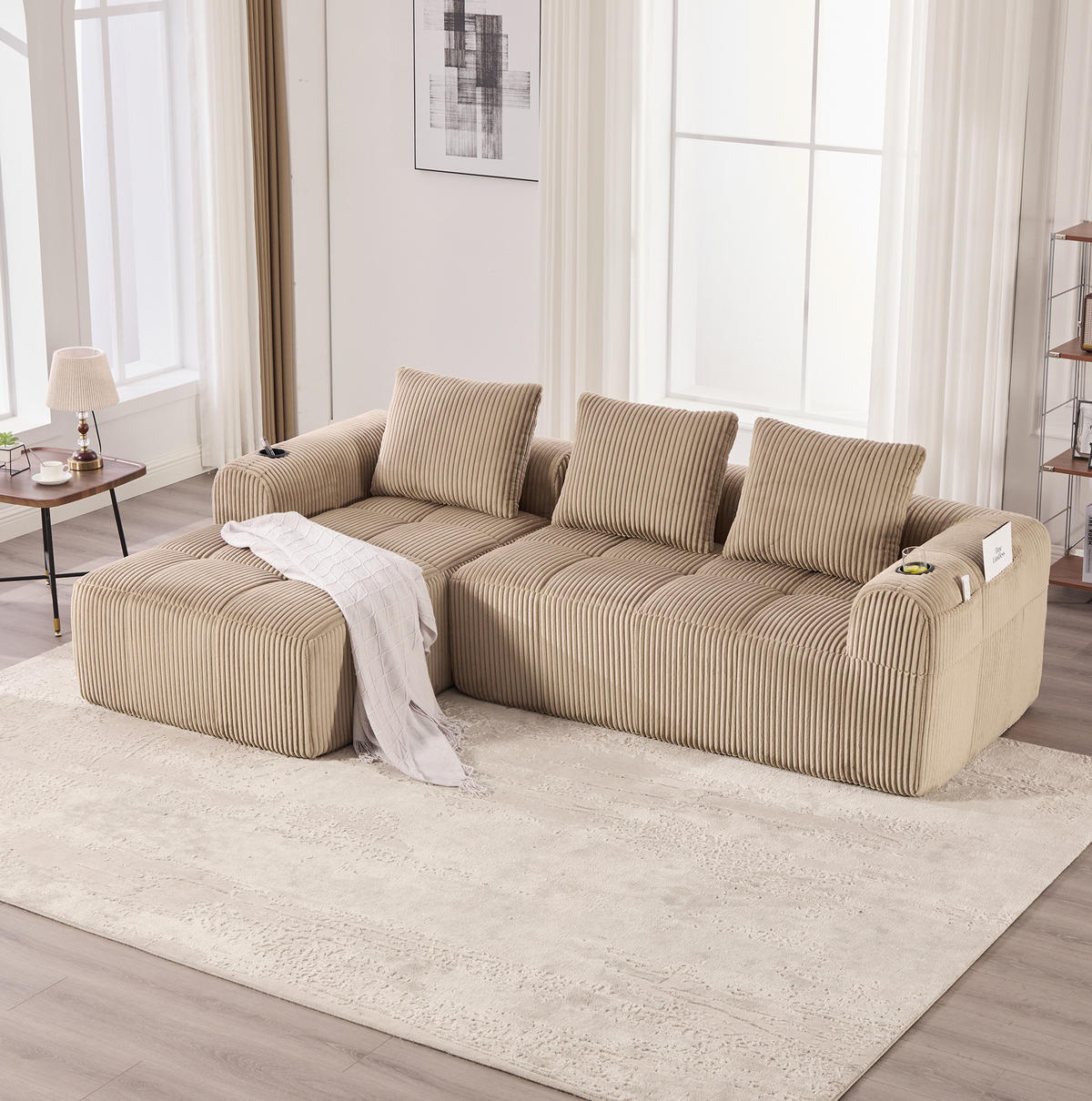 MODULÁRNÍ pohovka z manšestru 253x158x61 cm khaki s bočními kapsami, držáky na nápoje a 3 polštáři - béžová, textil (158/253cm) - Modfu