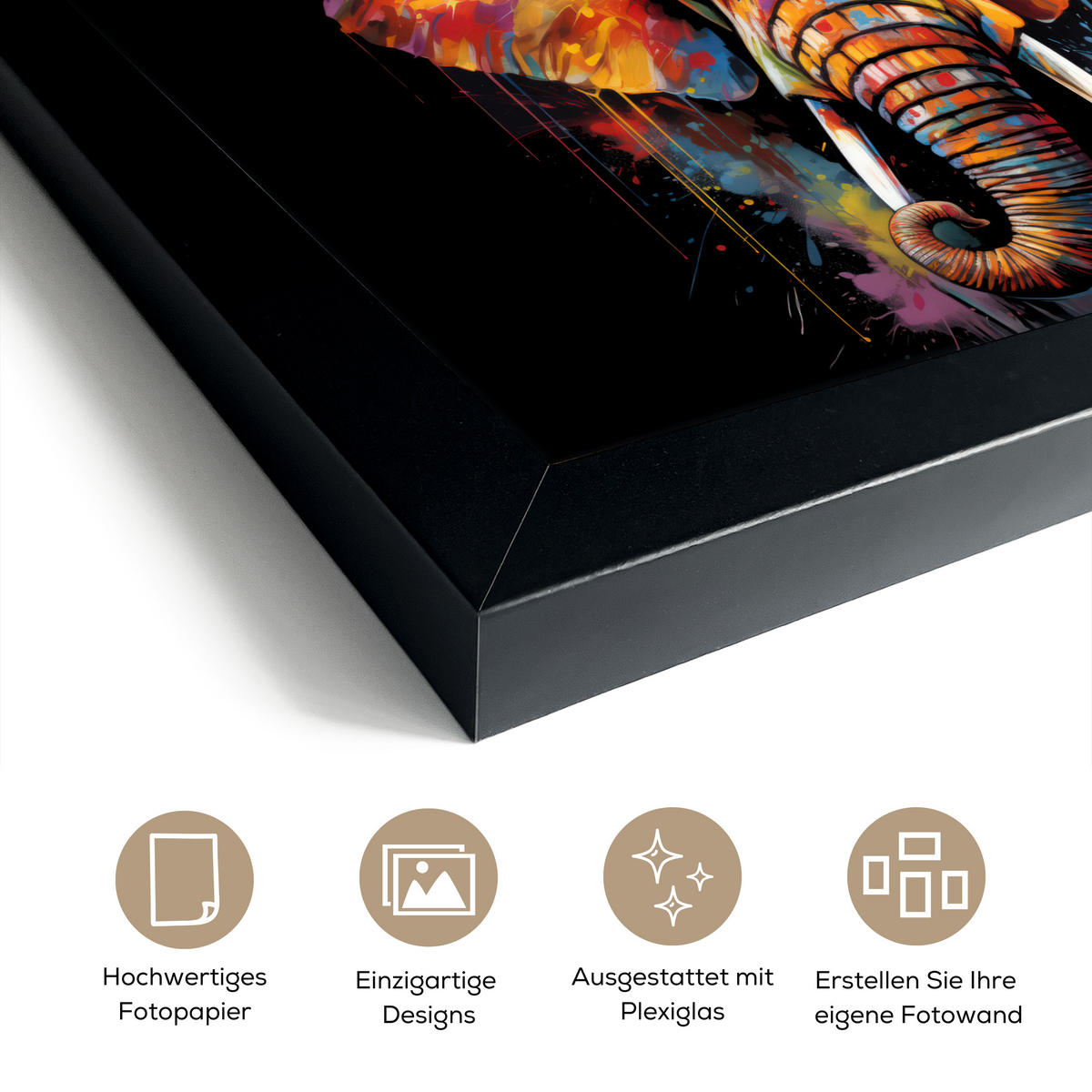 POSTER MIT RAHMEN Elefant - Graffiti - Schwarz - Tiere - Farben 30x20 cm - Schwarz, Papier (30/20cm) - MuchoWow