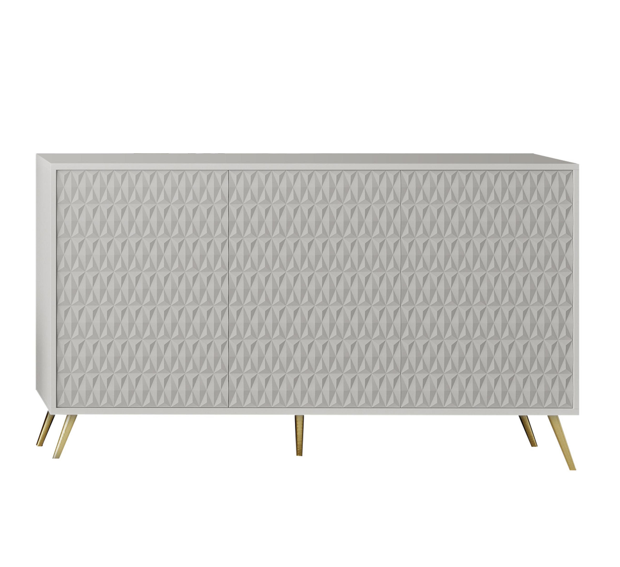 SIDEBOARD Delvine 3T Weiß 154/78/38 cm – mit schwarzen Beinen und 3 verzierten Türen - Goldfarben/Weiß, Holzwerkstoff (154/78/38cm) - AX Living