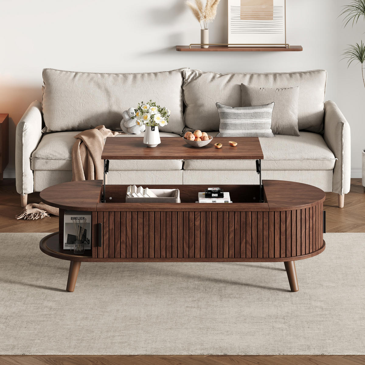 COUCHTISCH 120x50x39.5 cm Nussbaum Lift Stauraum 5 Fächer - Walnussfarben, Holzwerkstoff (120/50/39.5cm)