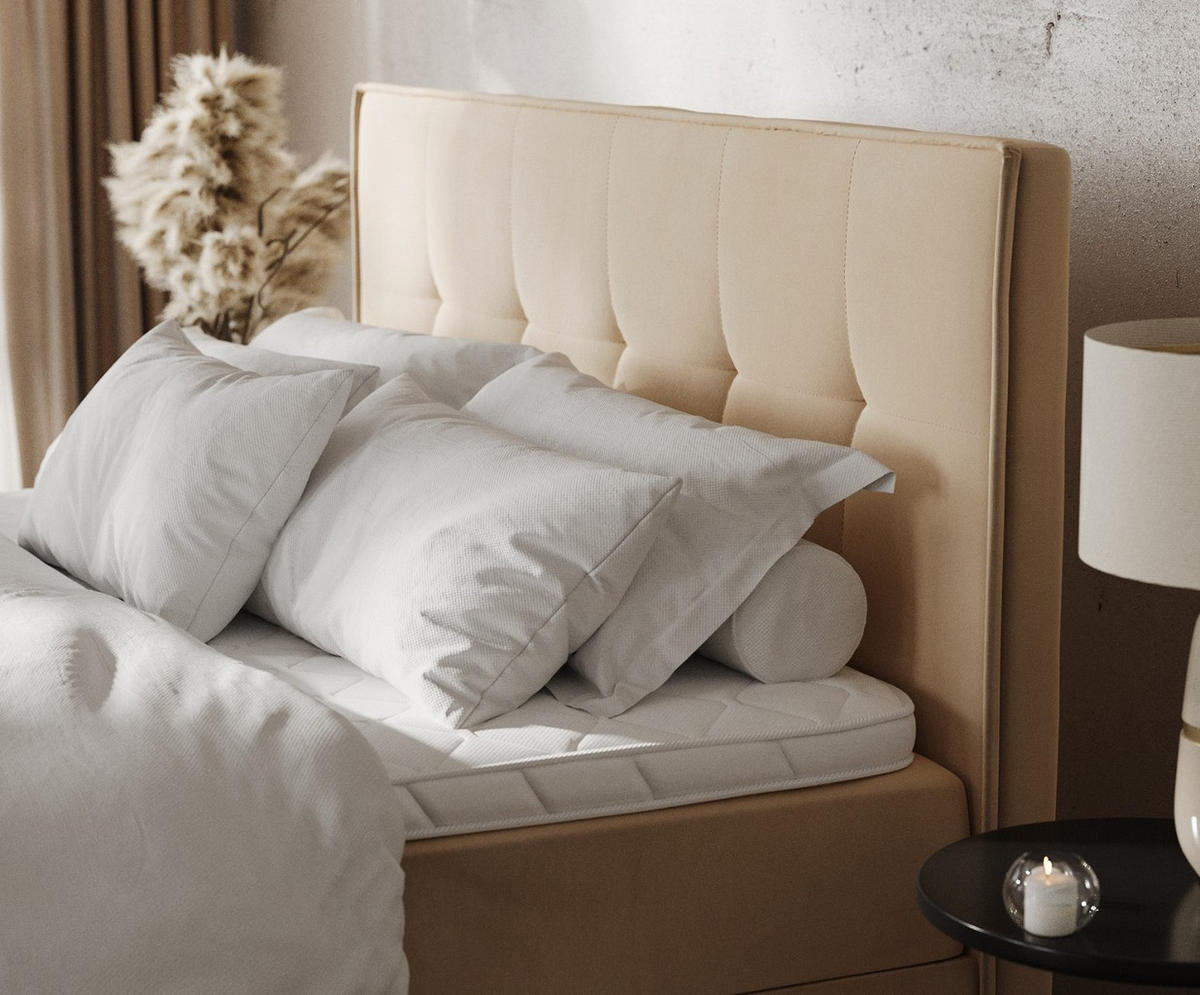 BOXBETT Tivra 180/200 cm Beige im Kronos Stoff - Beige/Schwarz, Holz/Holzwerkstoff (180/200cm) - AltaBeds