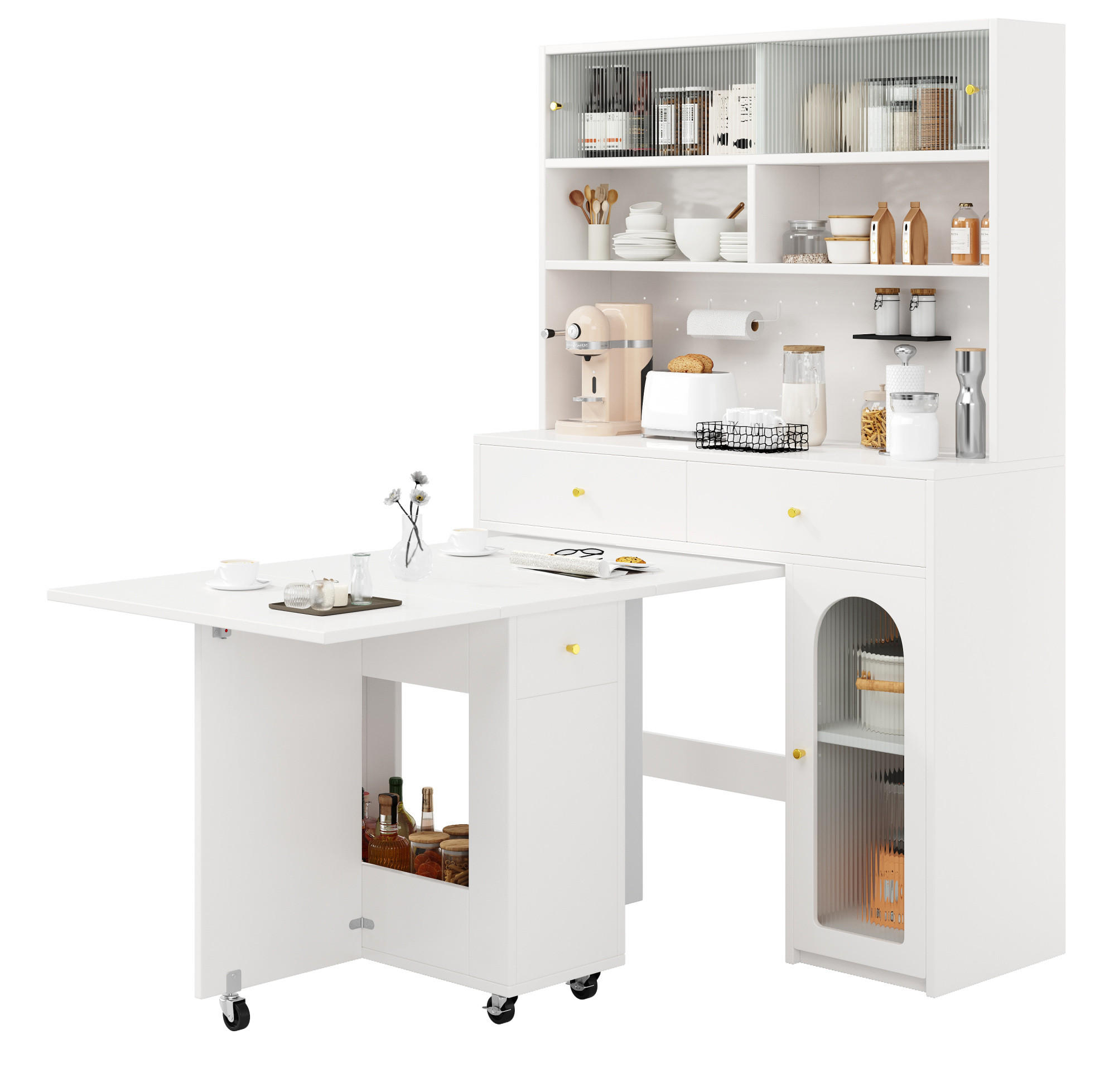 BUFFET aus MDF 120x45x180 cm / 120x75x75 cm Weiß mit klappbarem Esstisch, Rollen und Stauraum - Weiß, Holzwerkstoff (120/180/45cm) - Modfu