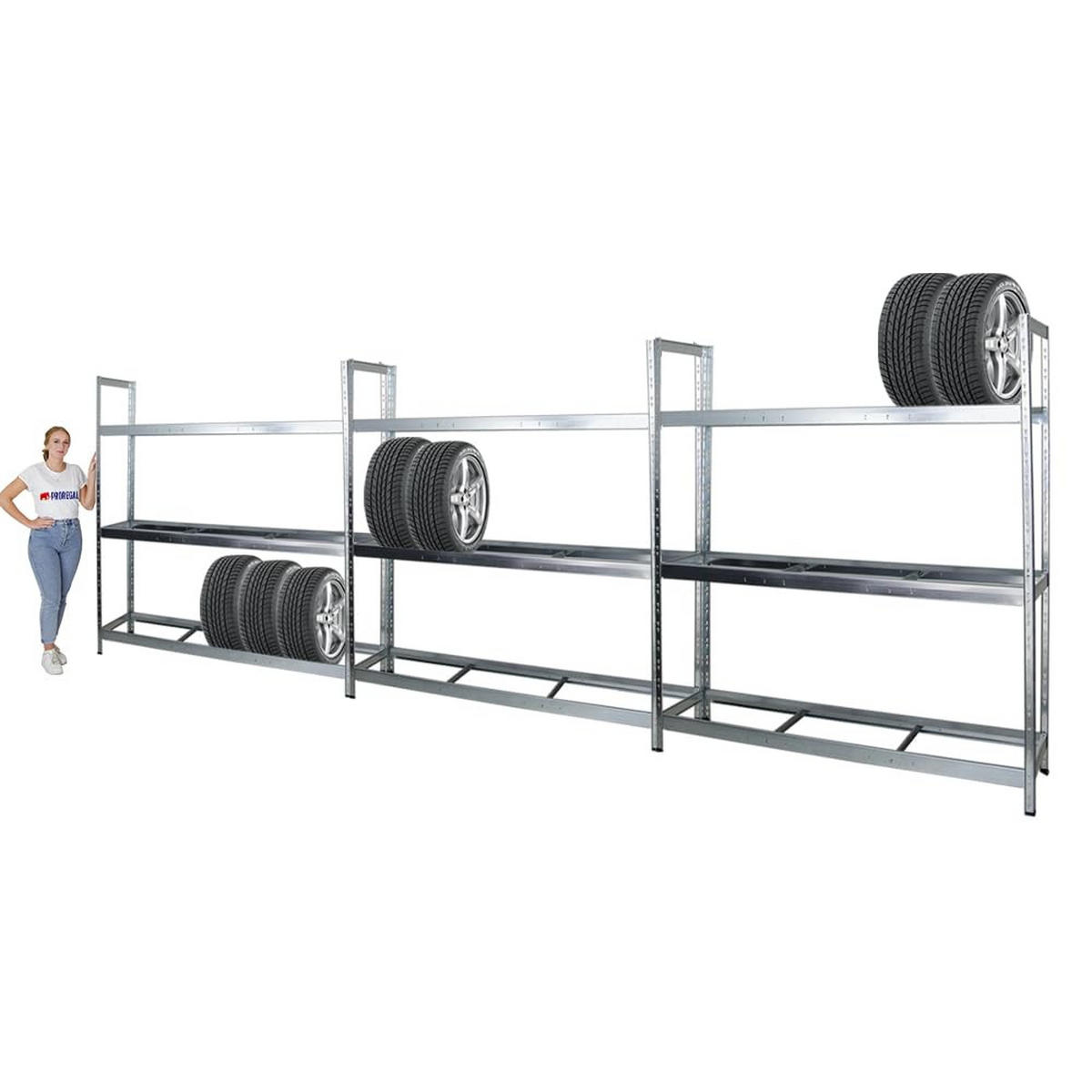 REIFENREGAL Tiger XL 3er-Set mit 3x 200x180x45 cm 300 kg Fachlast bis zu 63 Reifen Verzinkt - Silberfarben, Metall (540/200/45cm) - PROREGAL