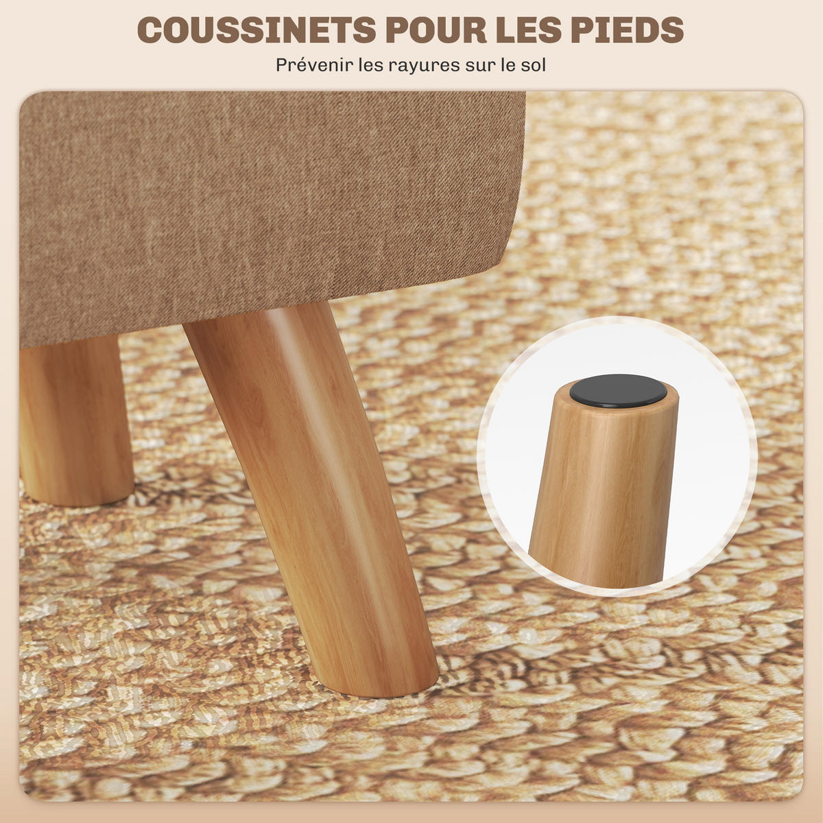 HOCKER DE-16390 gepolstert mit Holzbeinen Hellbraun - Braun, Textil (27/26/27cm) - ComfortXL
