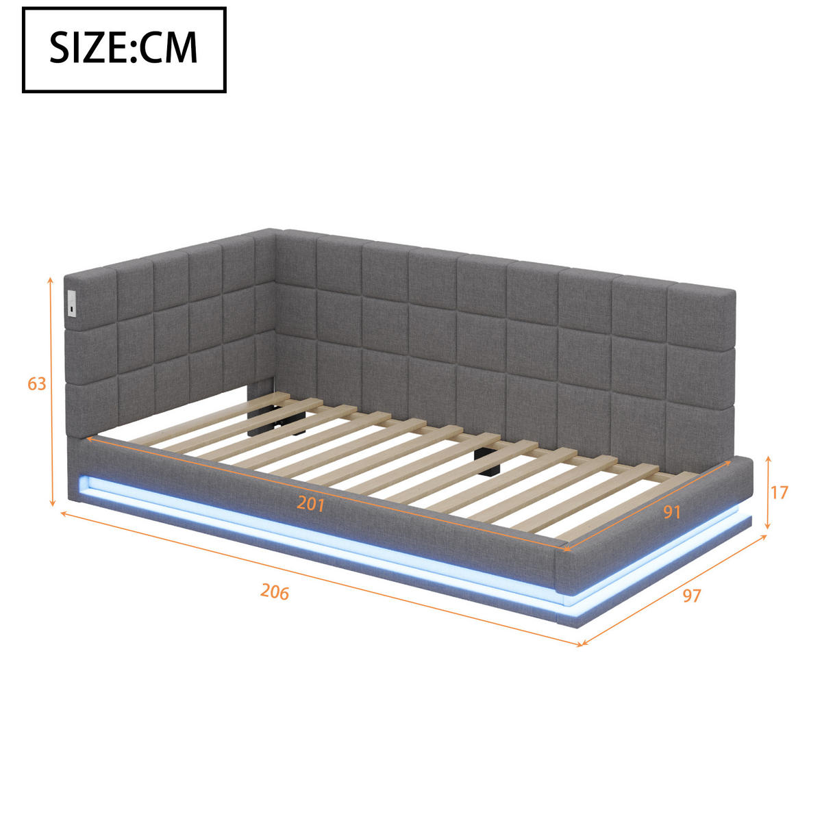 POLSTERBETT mit LED-Beleuchtung 90/200 cm mit USB und Lattenrost, Grau - Grau, Textil (90/200cm) - BEAOK
